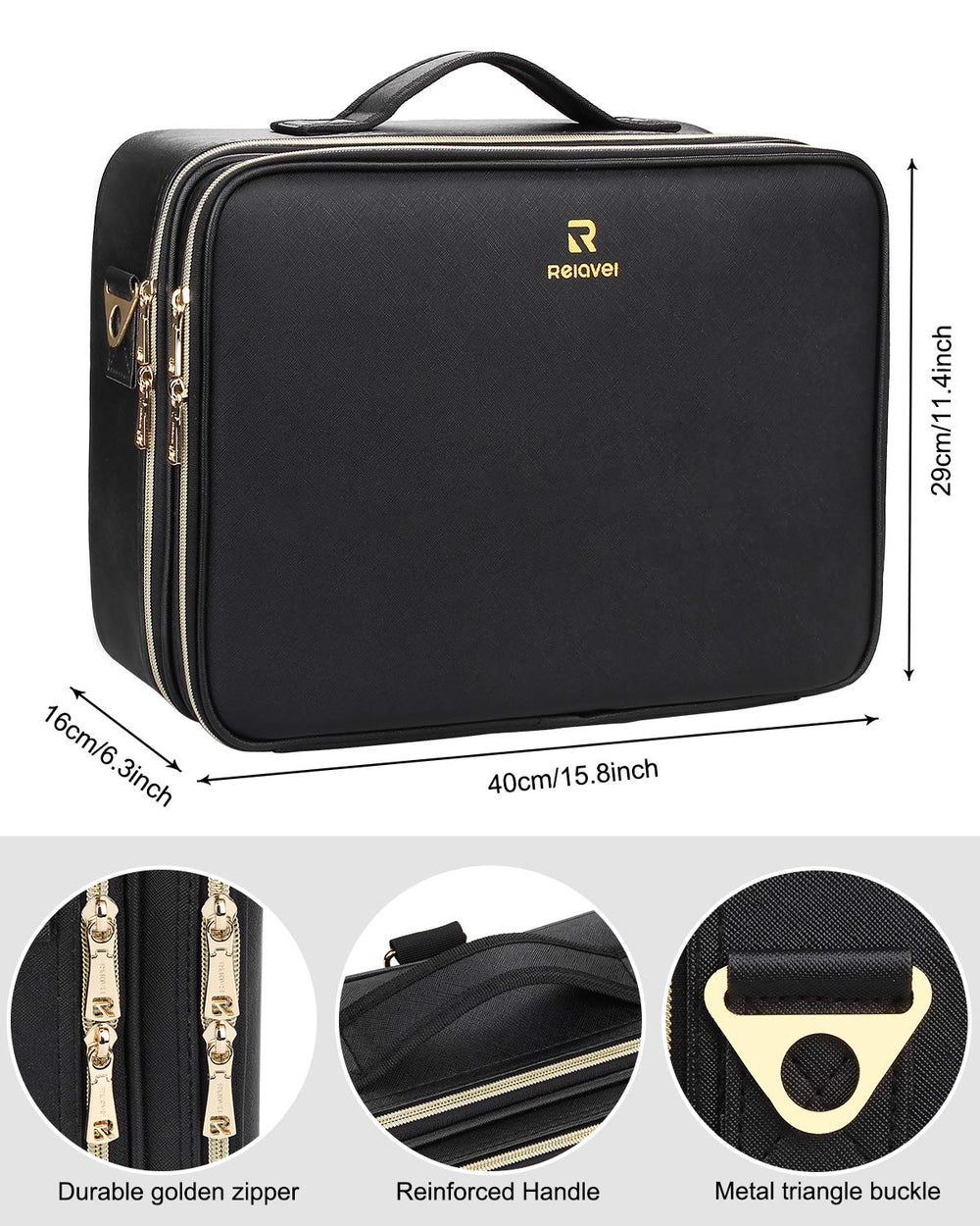 Relavel makeup case with shoulder strap for hands free transport
