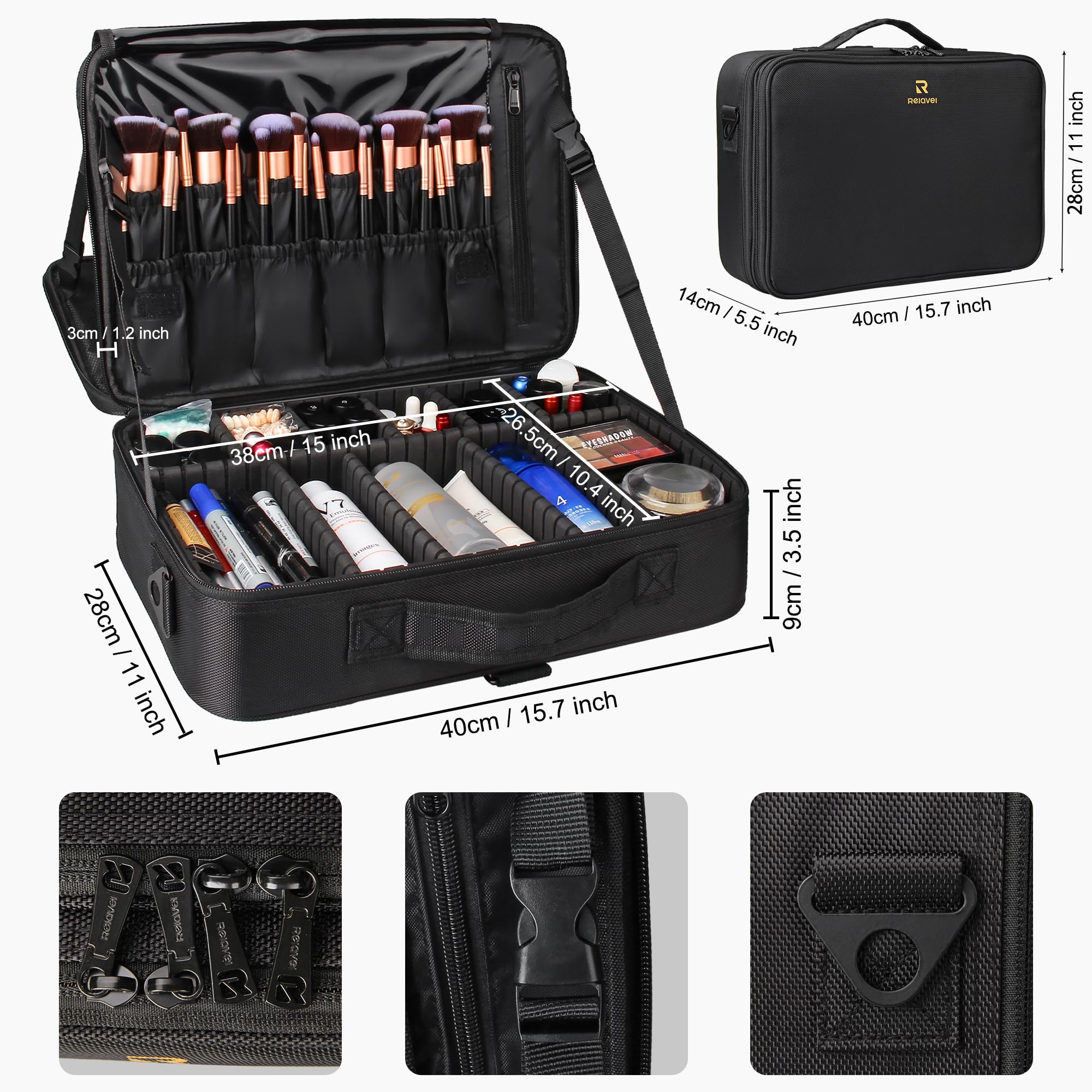 Relavel makeup case side strap travel view shows portable storage for on-the-go