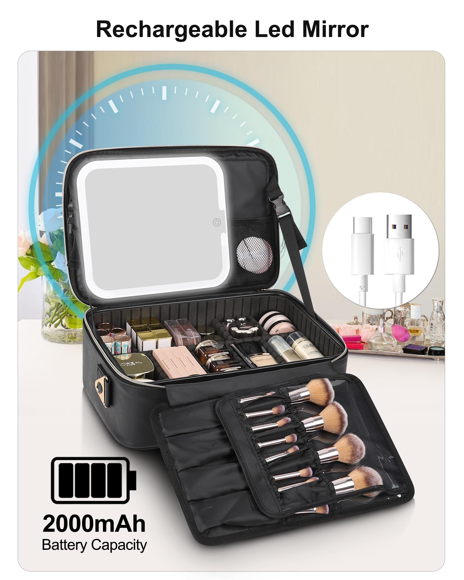 Relavel makeup train case 3-color LED mirror with adjustable brightness for true tones