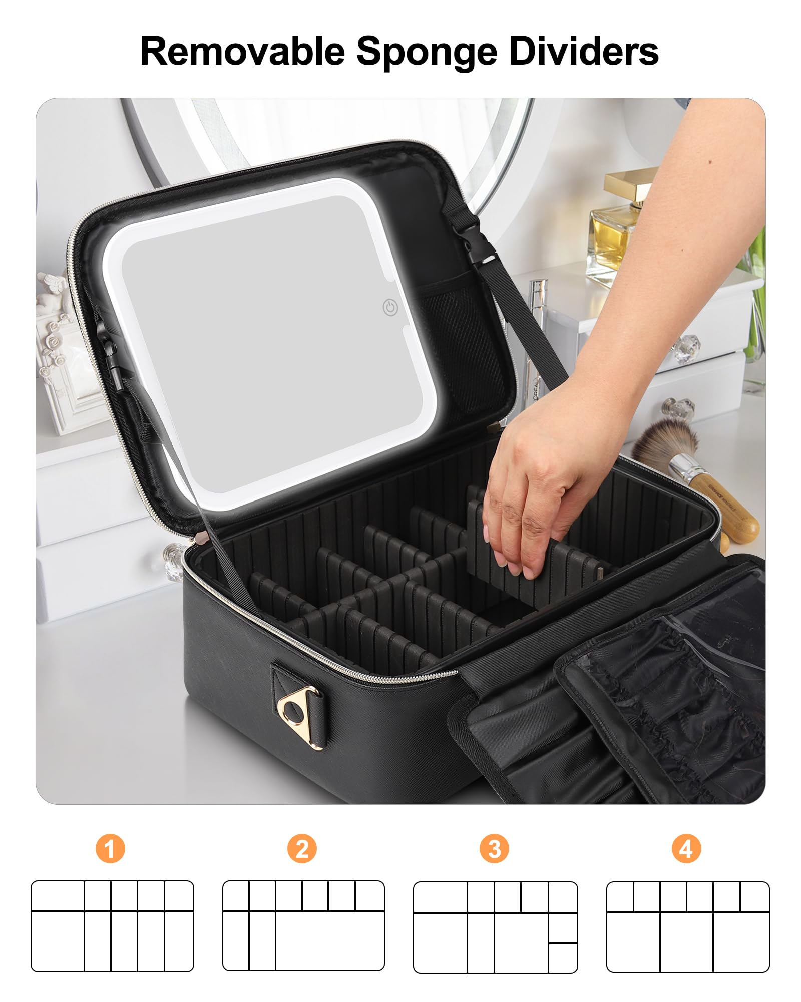 Relavel makeup train case with eight EVA partitions enables customizable interior