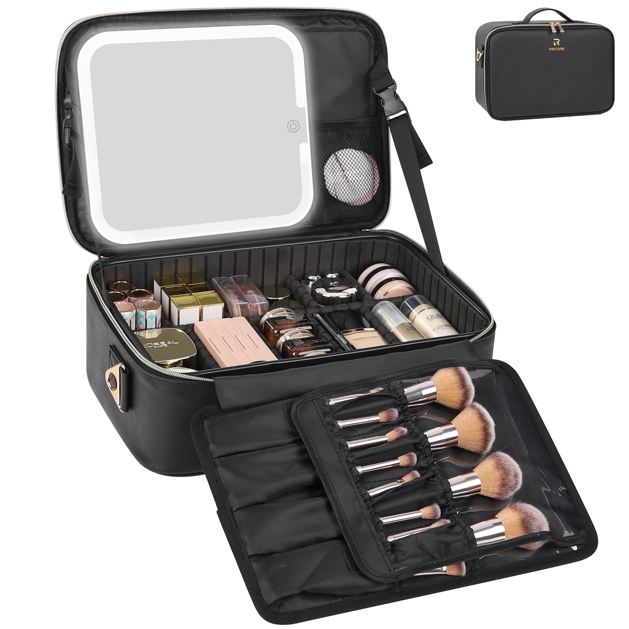 Relavel makeup train case LED mirror provides crisp lighting for makeup application