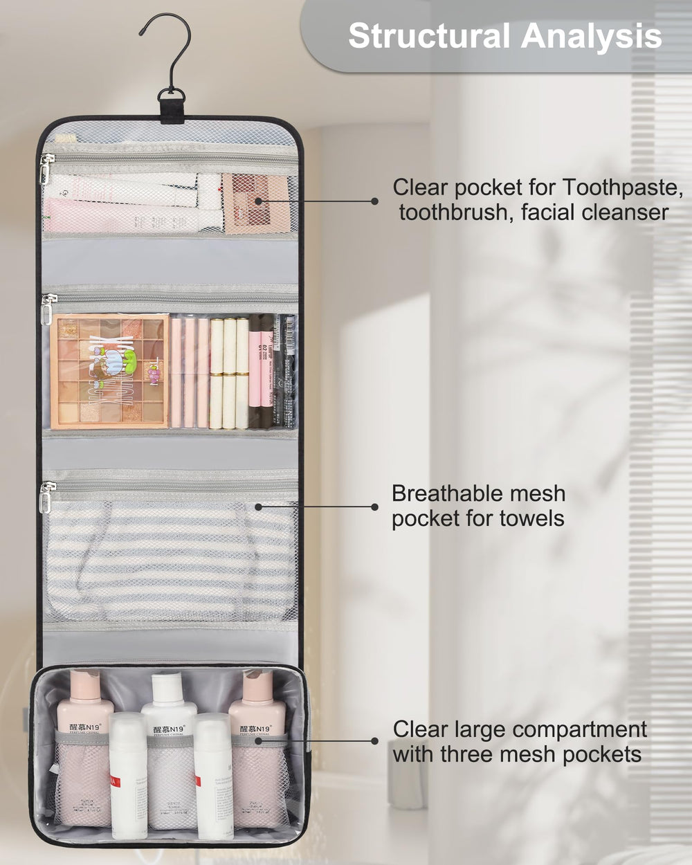 Relavel multiuse travel bag suitable as wash bag, cosmetics case, or makeup organizer.