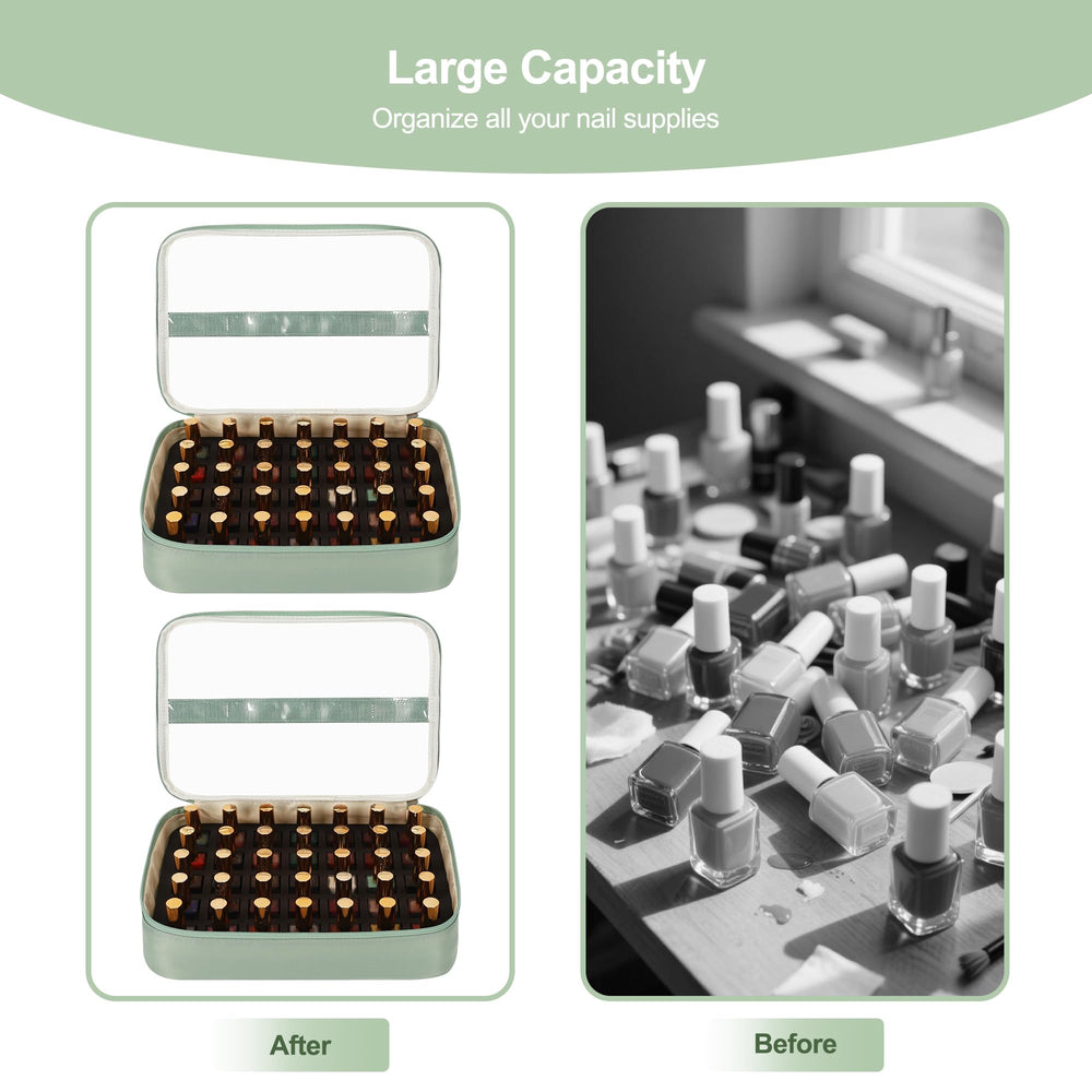 Relavel Nail Polish Organizer bottle slots and dual zippers provide secure storage on the go