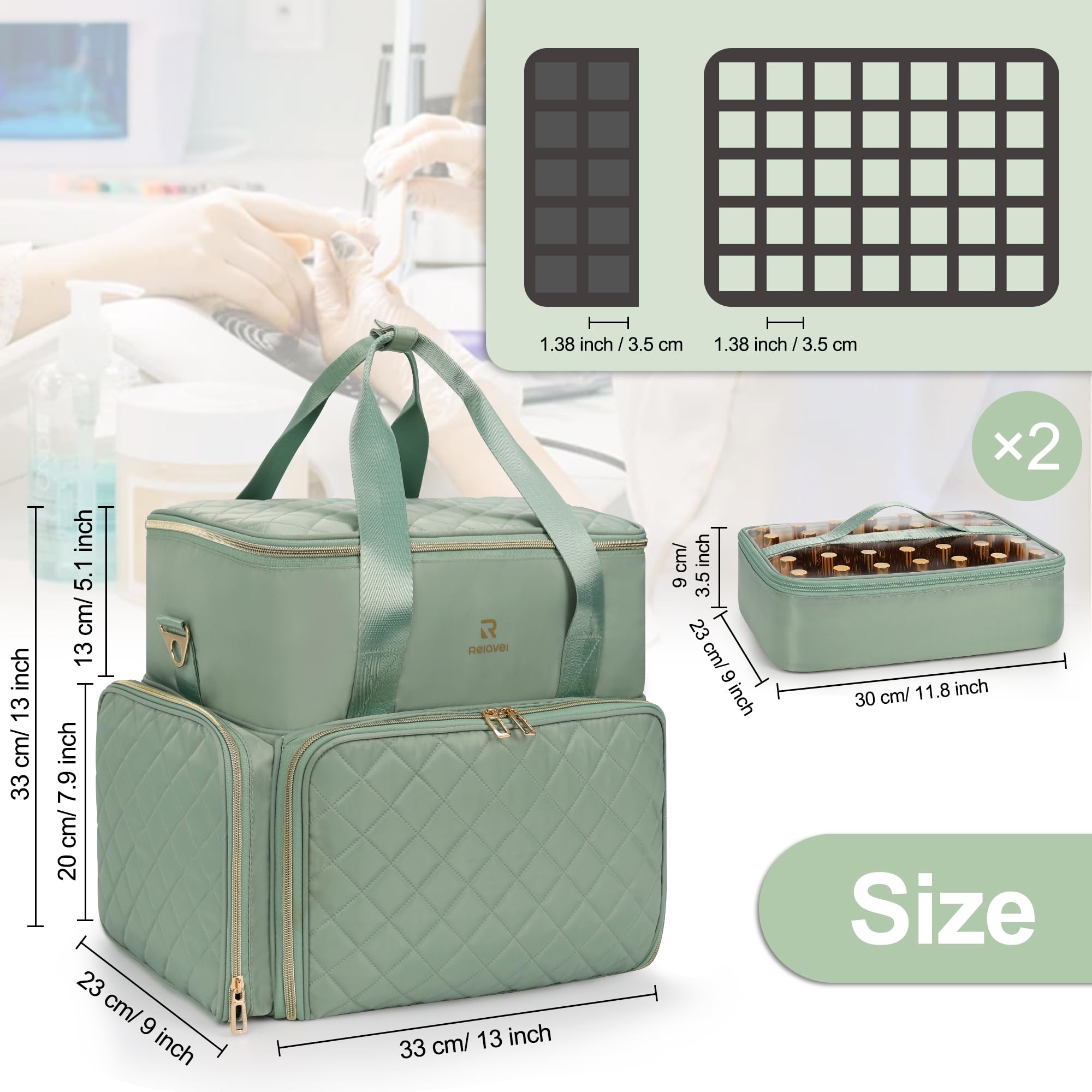 Relavel Nail Polish Organizer green travel bag with side pocket for tools