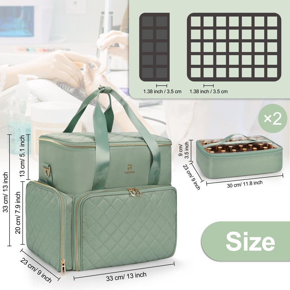 Relavel Nail Polish Organizer green travel bag with side pocket for tools