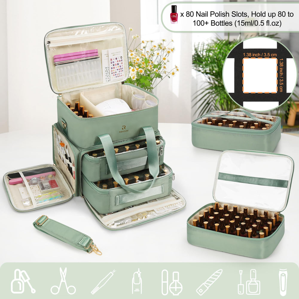 Relavel Nail Polish Organizer removable bags demonstrate 80-slot capacity for 15ml bottles