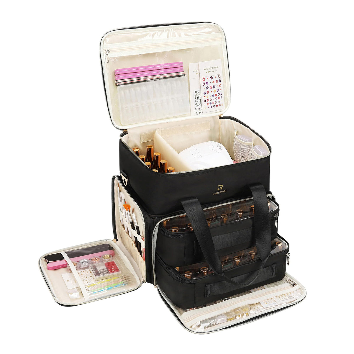 Relavel nail polish organizer upper layer tray showing 80-slot capacity for 15ml bottles