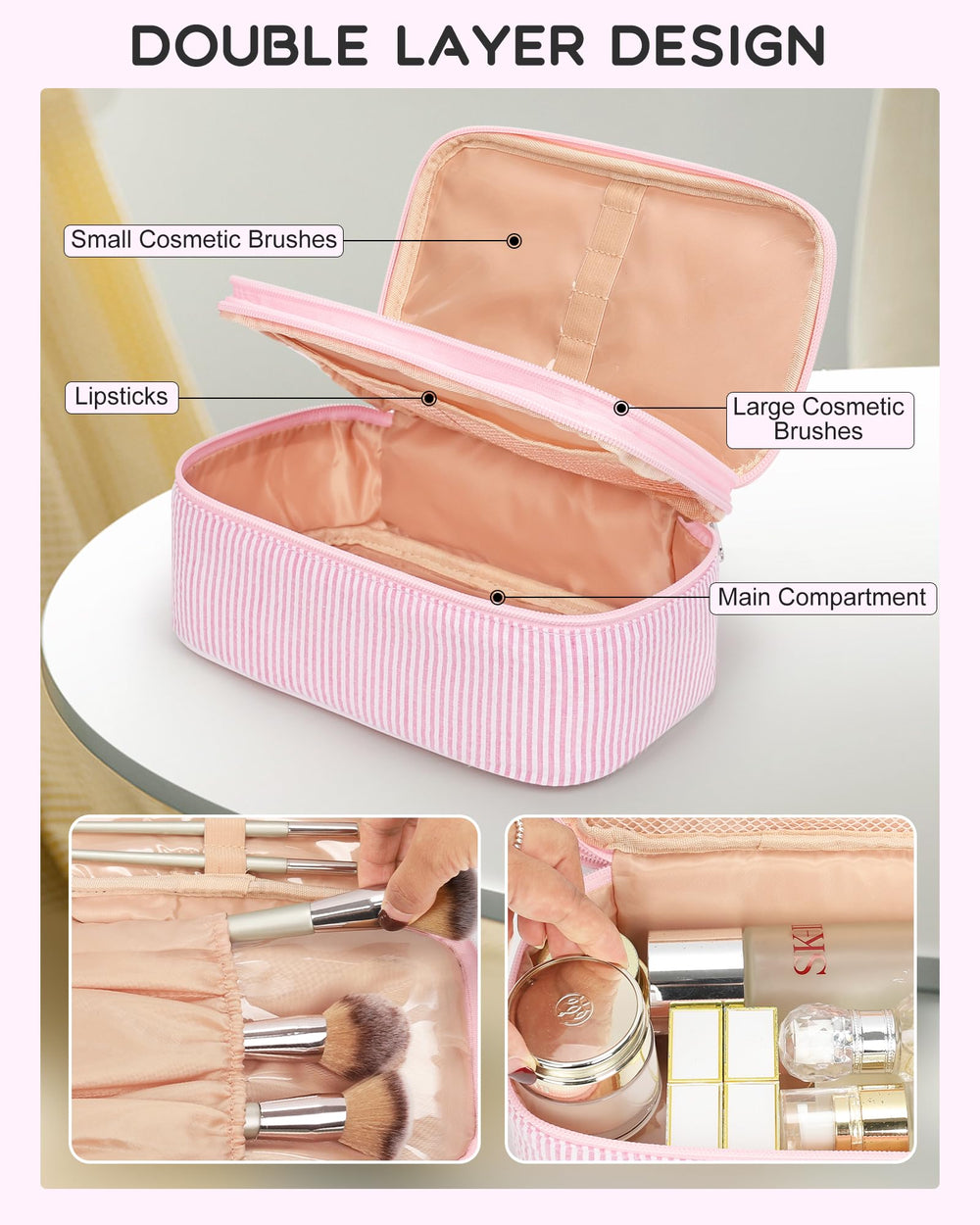 Relavel pink strip brush-holder area demonstrates easy access on the go.