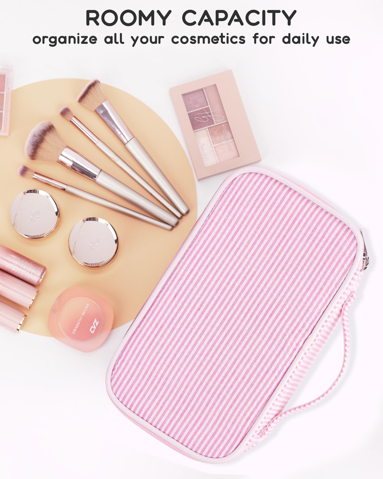 Relavel pink strip dirt-proof PVC lining protects brushes and cosmetics from spills.