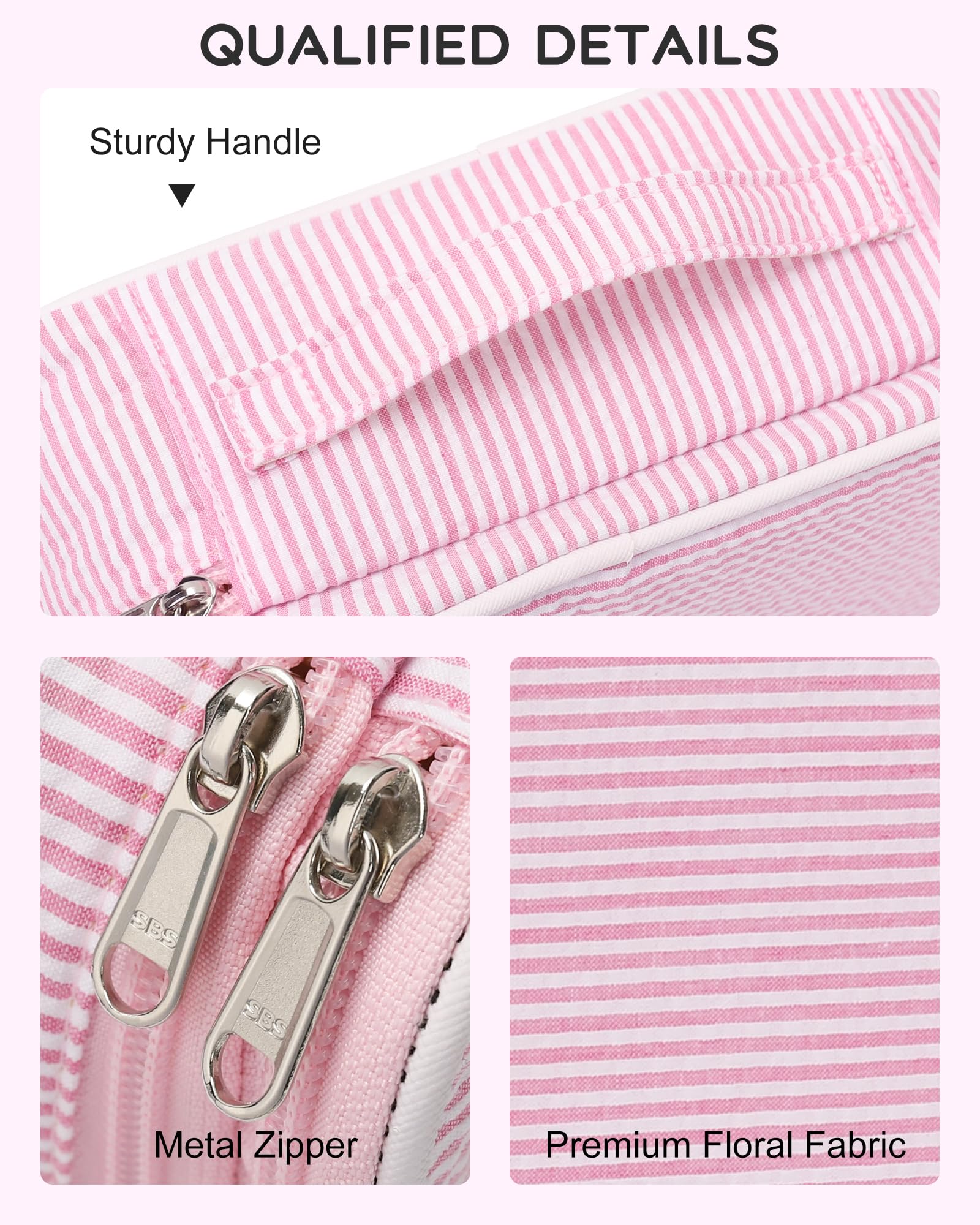 Relavel pink strip inner compartments showcase mesh pockets for palettes and creams.