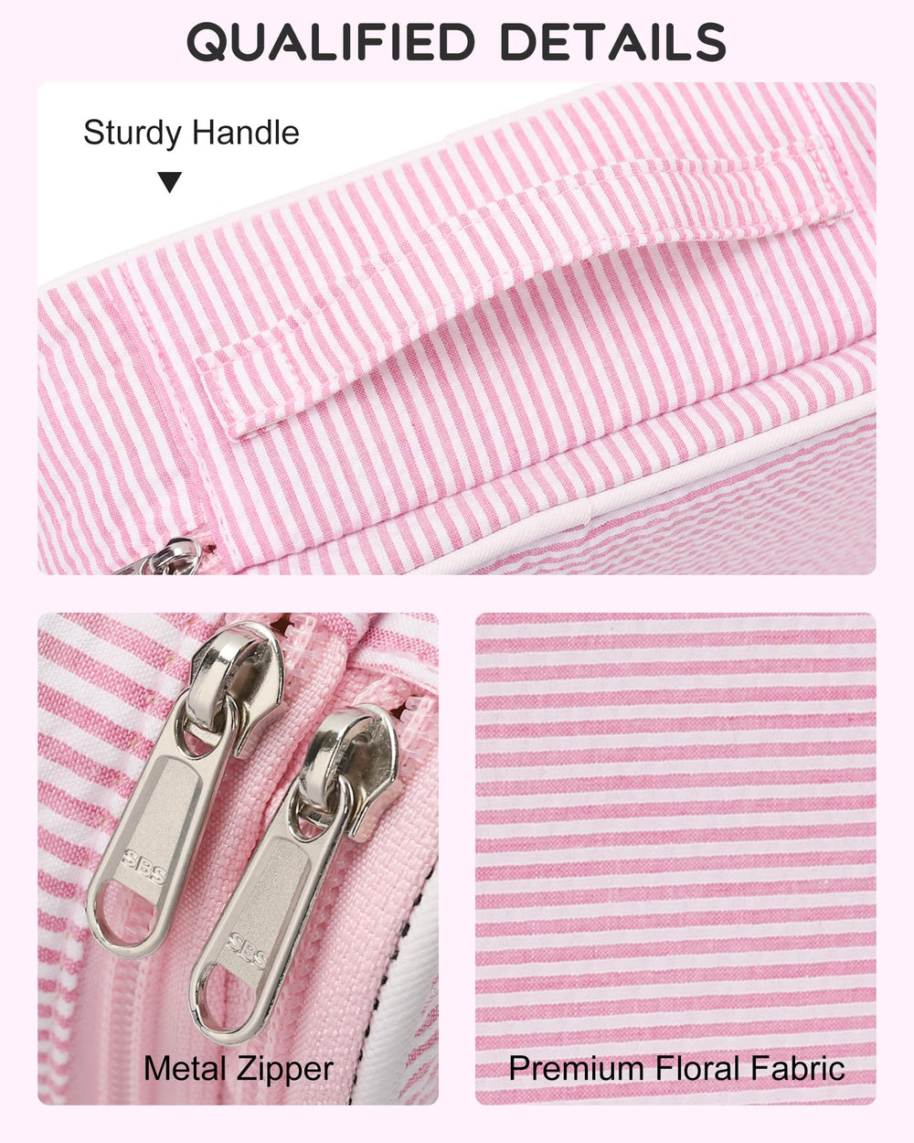Relavel pink strip inner compartments showcase mesh pockets for palettes and creams.