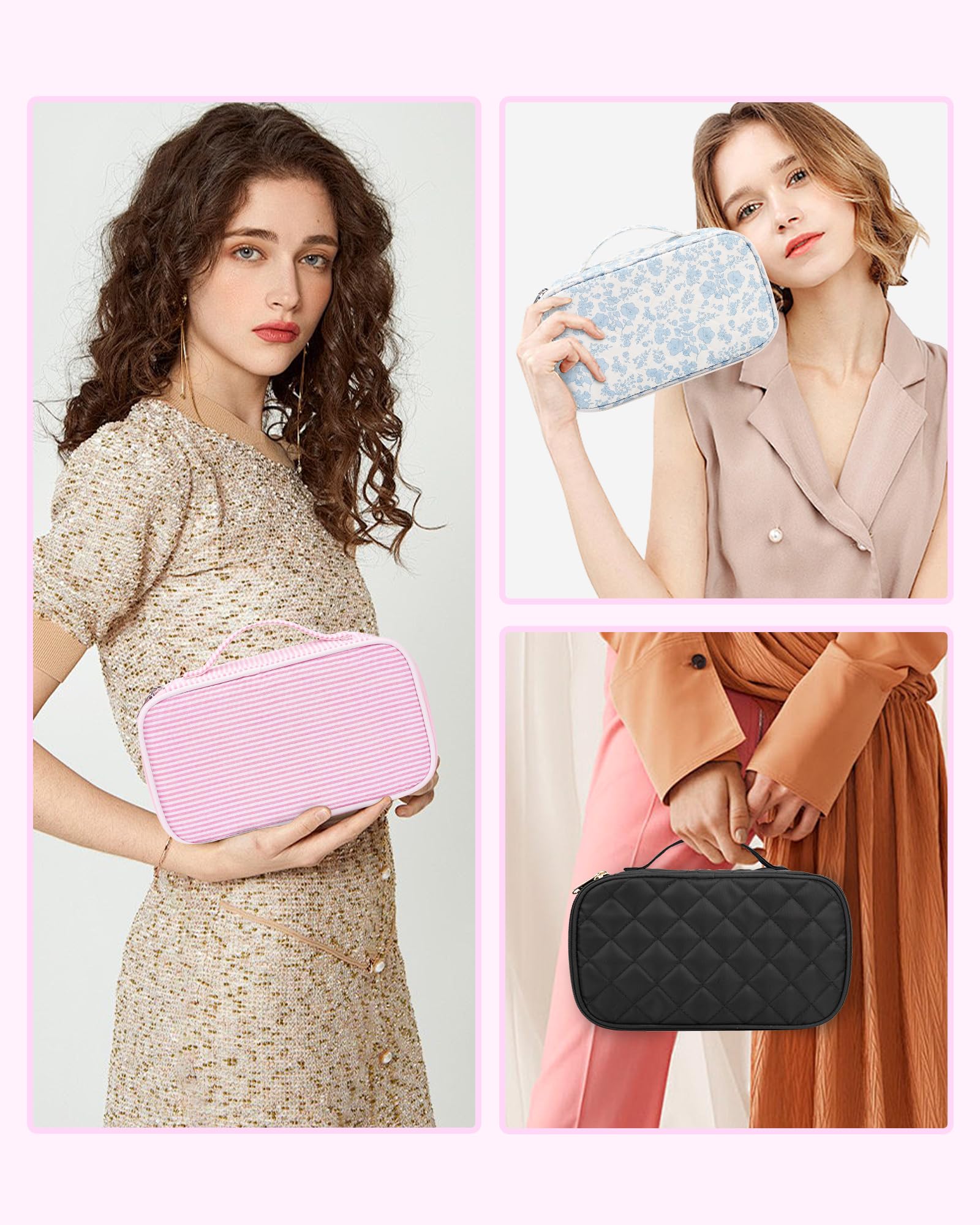 Relavel pink strip travel bag in a backpack demonstrates convenient travel setup.