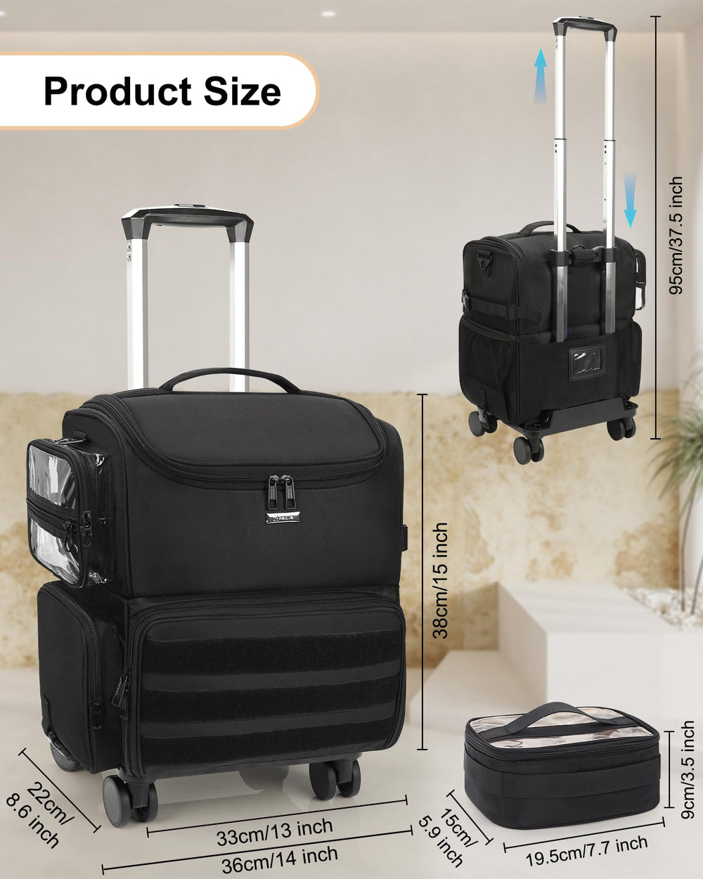 Relavel rolling makeup train case with 360 spinner wheels in smooth motion.