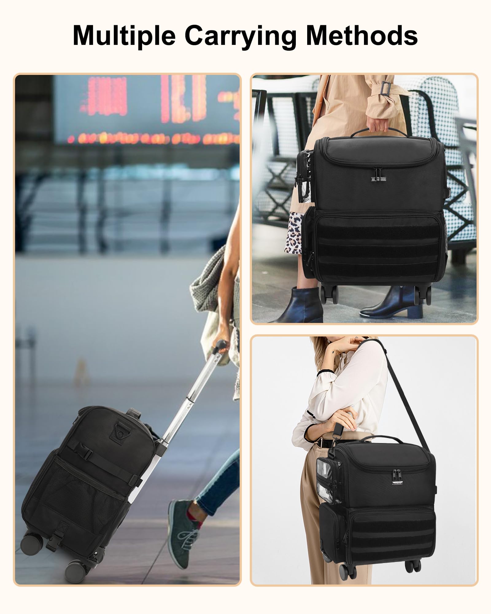Relavel rolling makeup train case adjustable dividers adapting to kit needs.