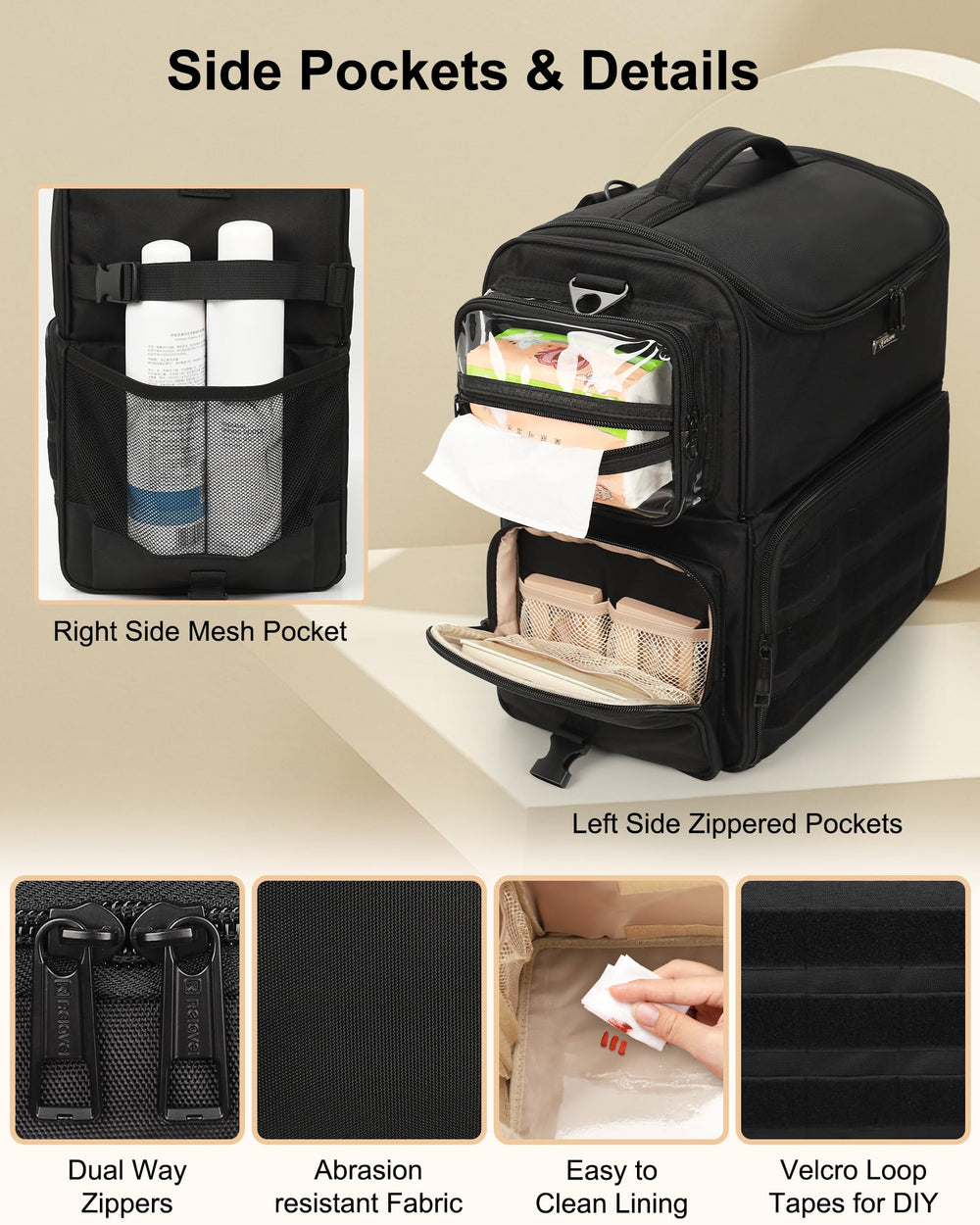 Relavel rolling makeup train case bottom layer storage with side pockets for gear.