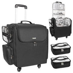 Relavel rolling makeup train case closed for secure on-the-go storage.