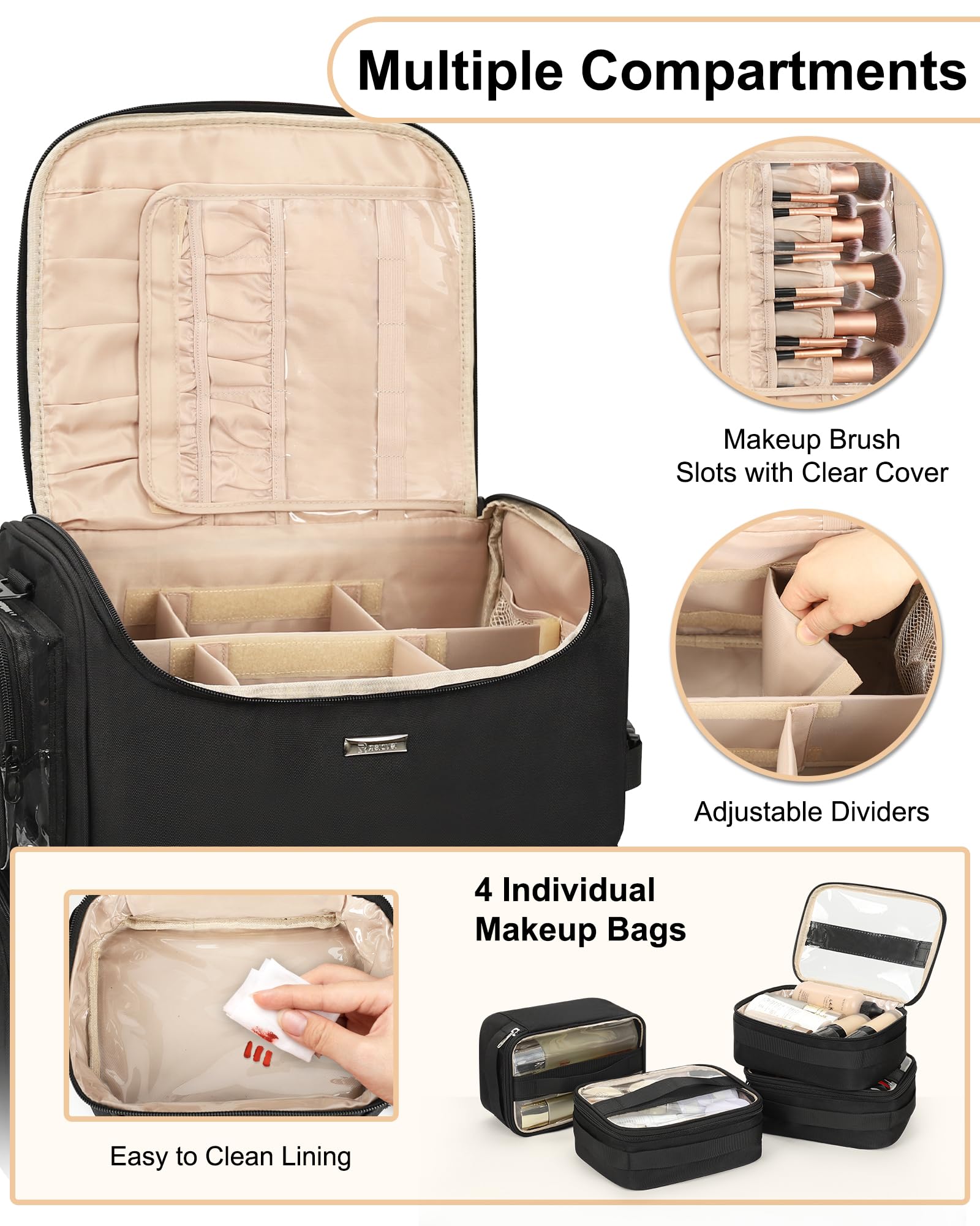 Relavel rolling makeup train case with four clear bags for easy visibility.