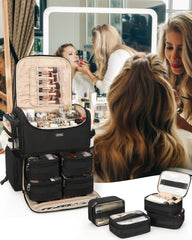 Relavel rolling makeup train case side compartments show organized tool storage.