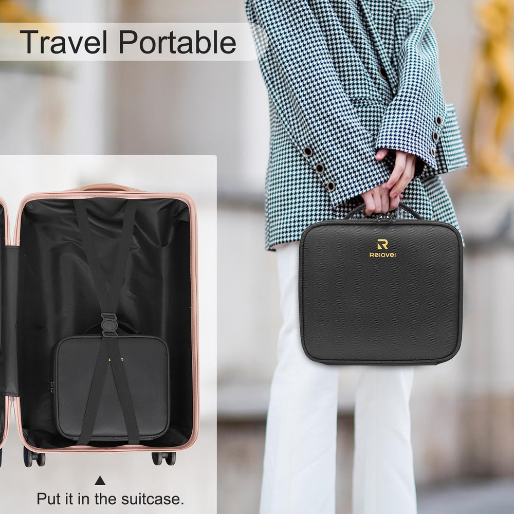 Relavel makeup bag stores cosmetics, jewelry, toiletries securely.