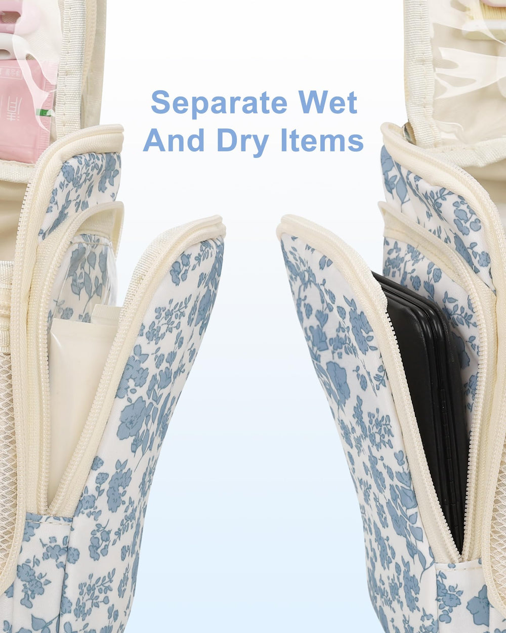 Relavel Hanging Toiletry Bag 360-degree swivel hook for easy hanging in hotels or bathrooms.