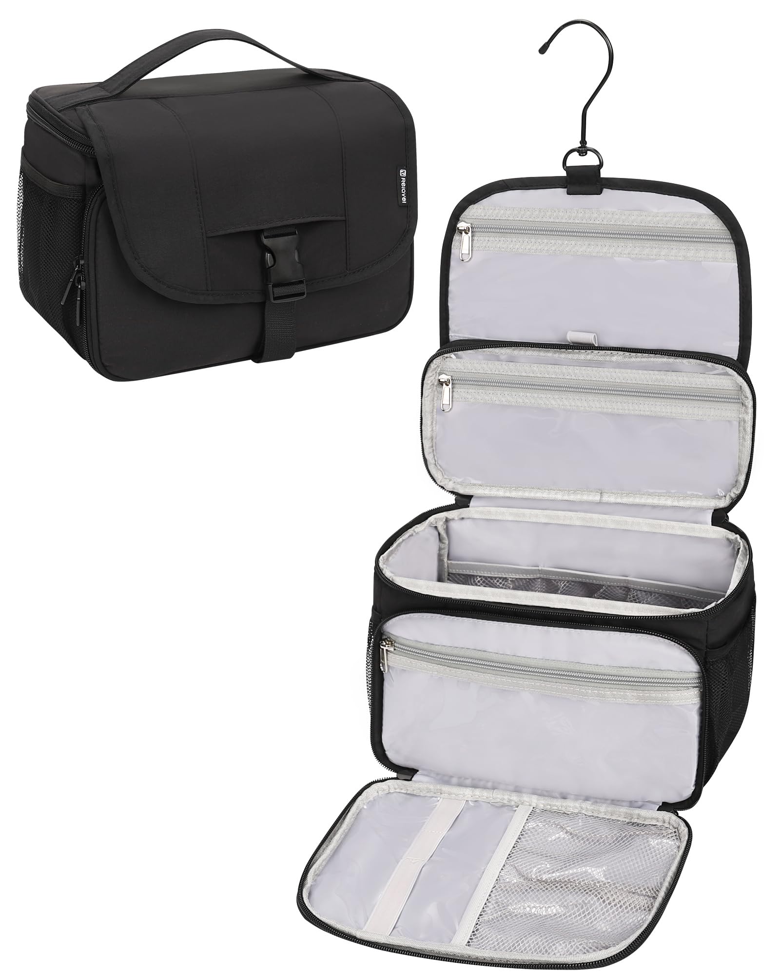 Relavel toiletry bag hanging hook shows space-saving bathroom setup for travel.