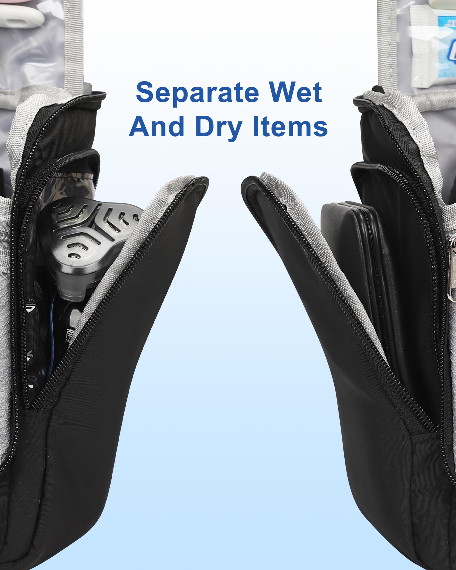 Relavel bag mesh pockets and elastic straps secure bottles upright for quick access.