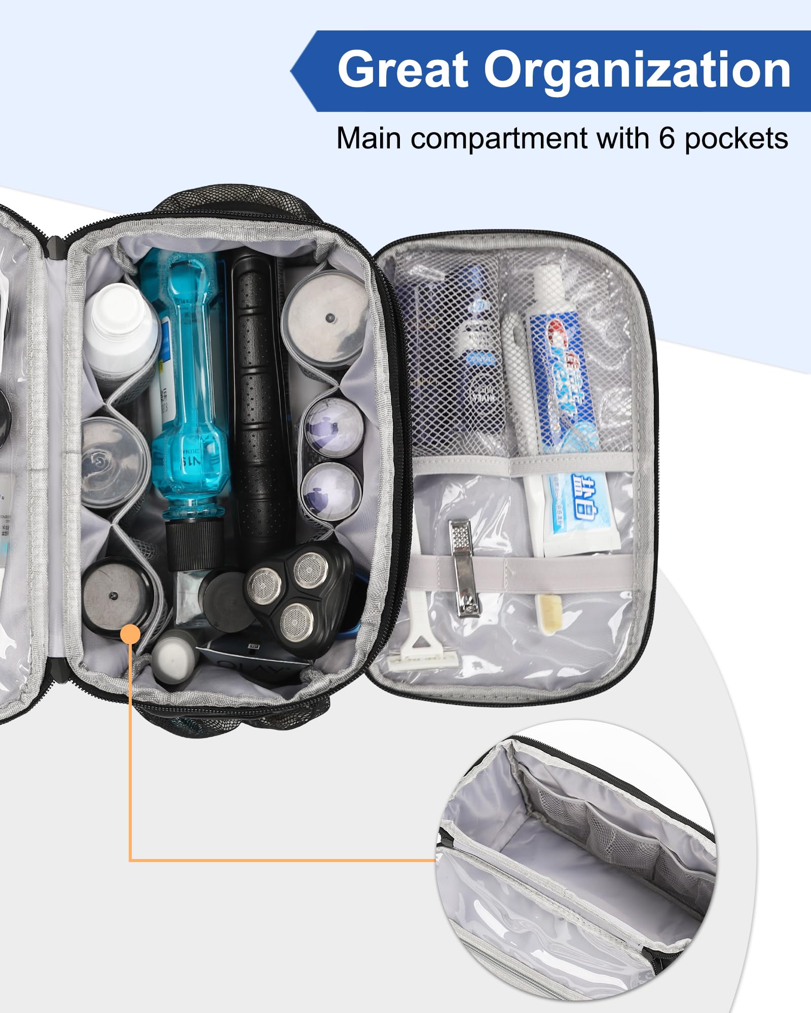 Relavel mesh pockets help organize skincare and shaving items.