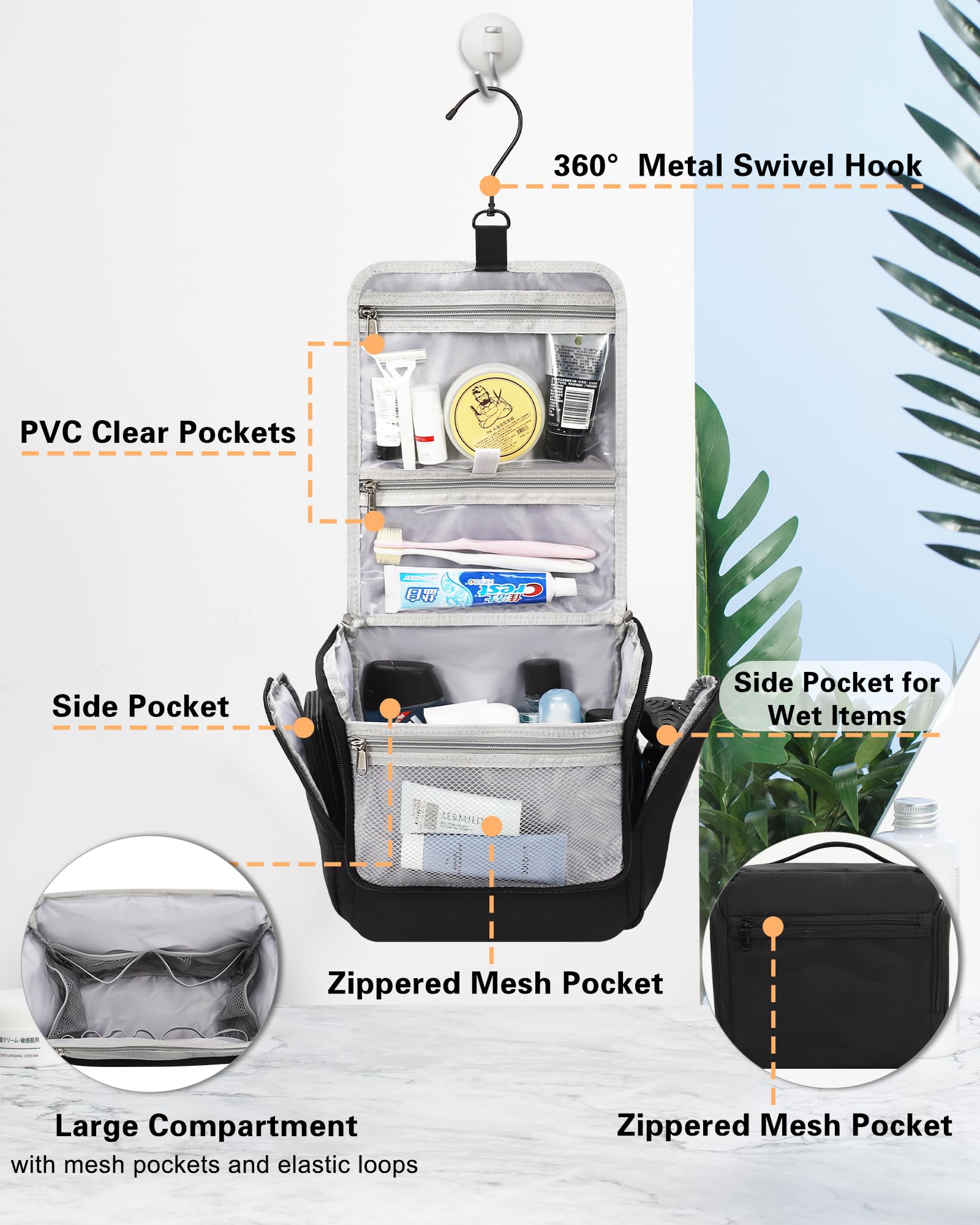 Relavel toiletry bag side pocket wet-dry compartment keeps damp items separated and tidy.