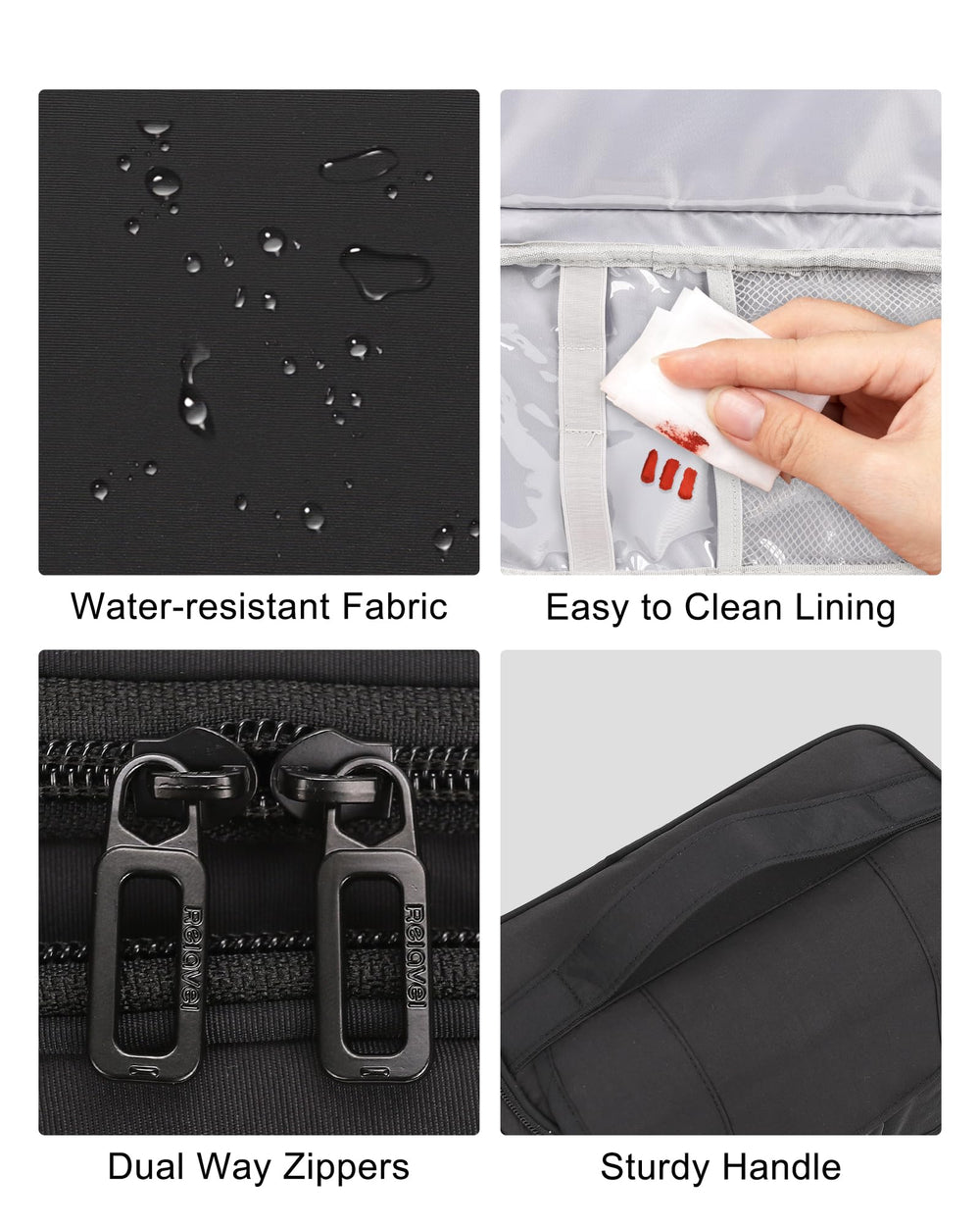Relavel water-resistant nylon keeps contents protected in damp bathrooms.