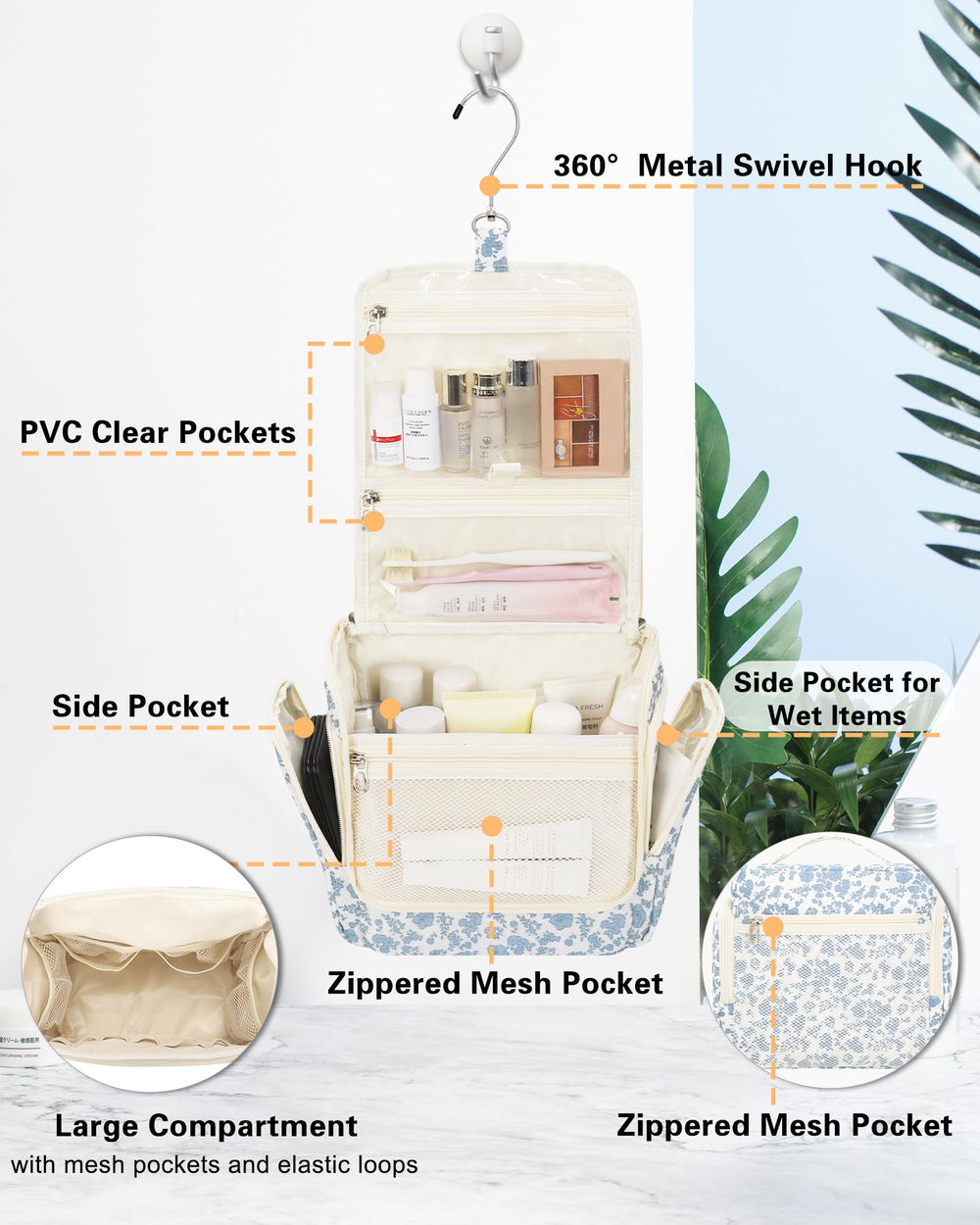 Relavel Hanging Toiletry Bag waterproof side pocket separates wet and dry items during travel.