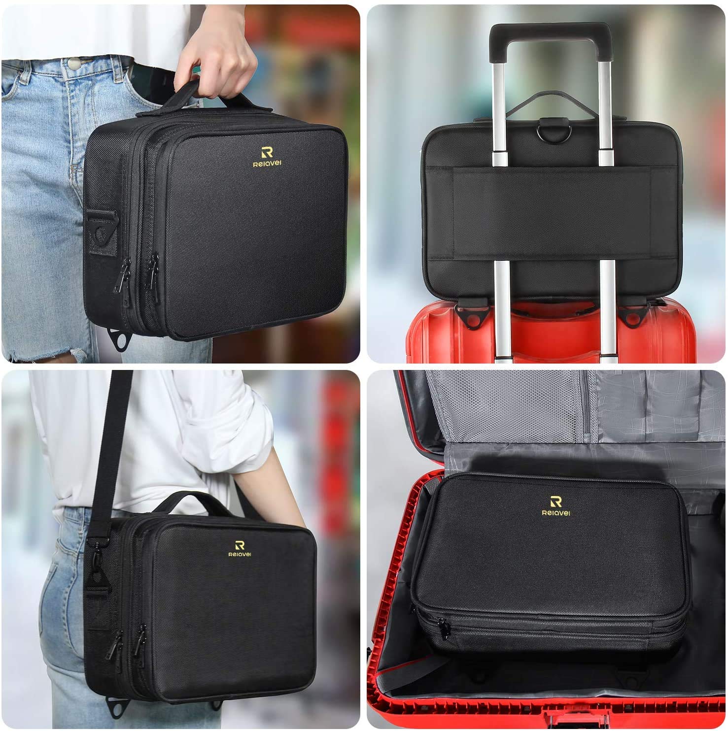 Relavel travel case with shoulder strap for easy hands-free carrying on trips.
