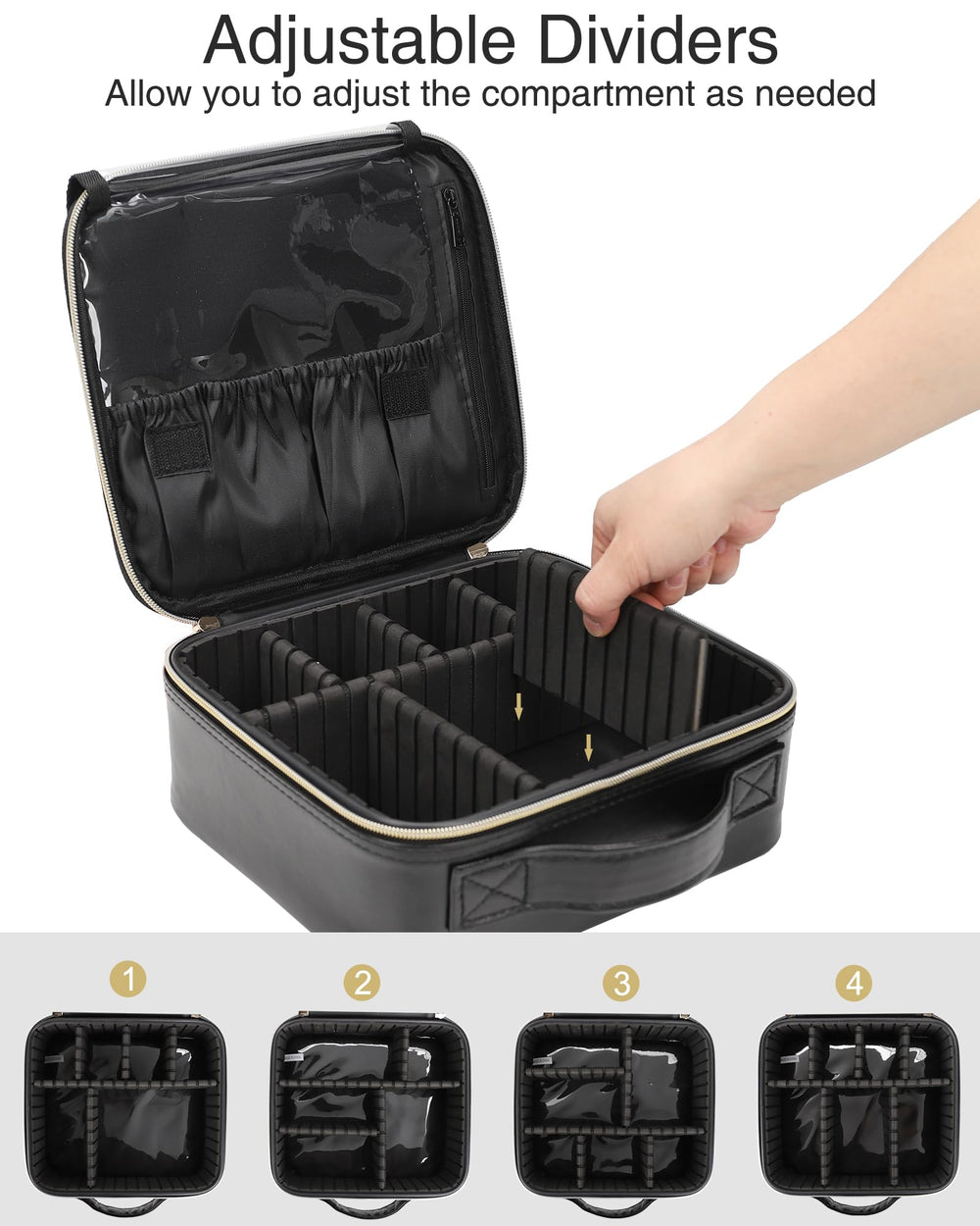 Relavel travel cosmetic train case side view demonstrates organized compartments for brushes