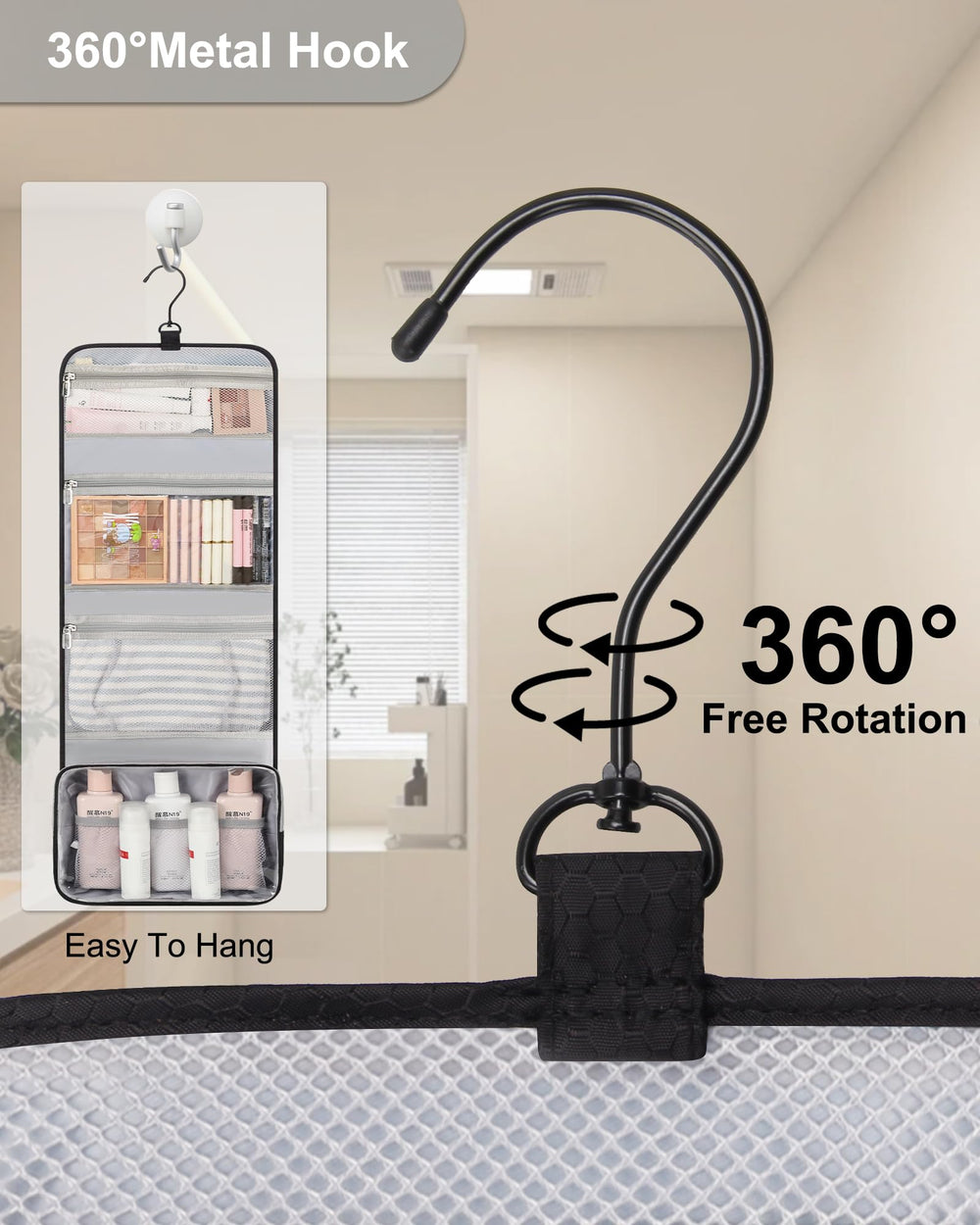 Relavel travel hanging toiletry bag open showing organized compartments for complete packing.