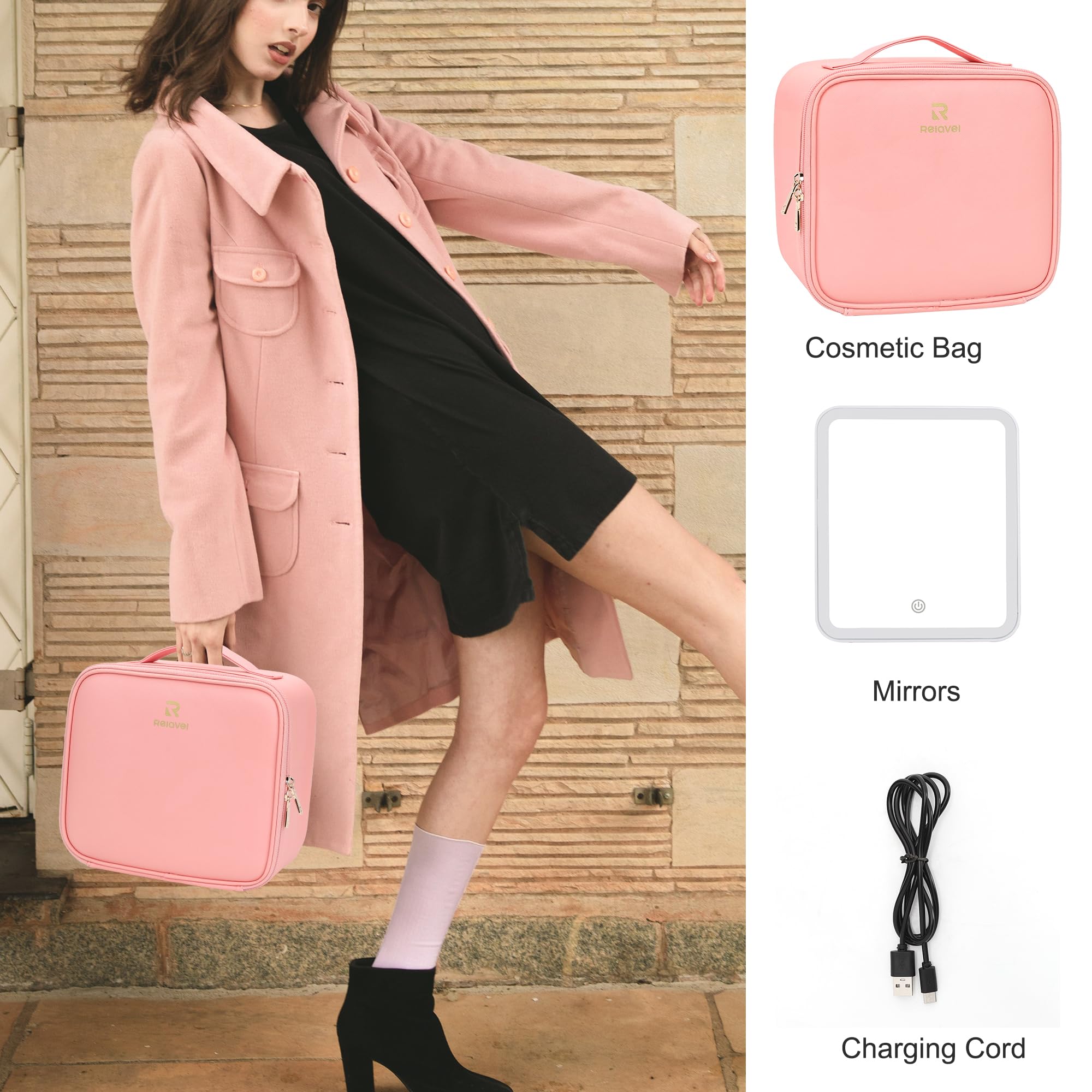 Relavel travel makeup bag 2000mAh battery powers the LED mirror through long trips.
