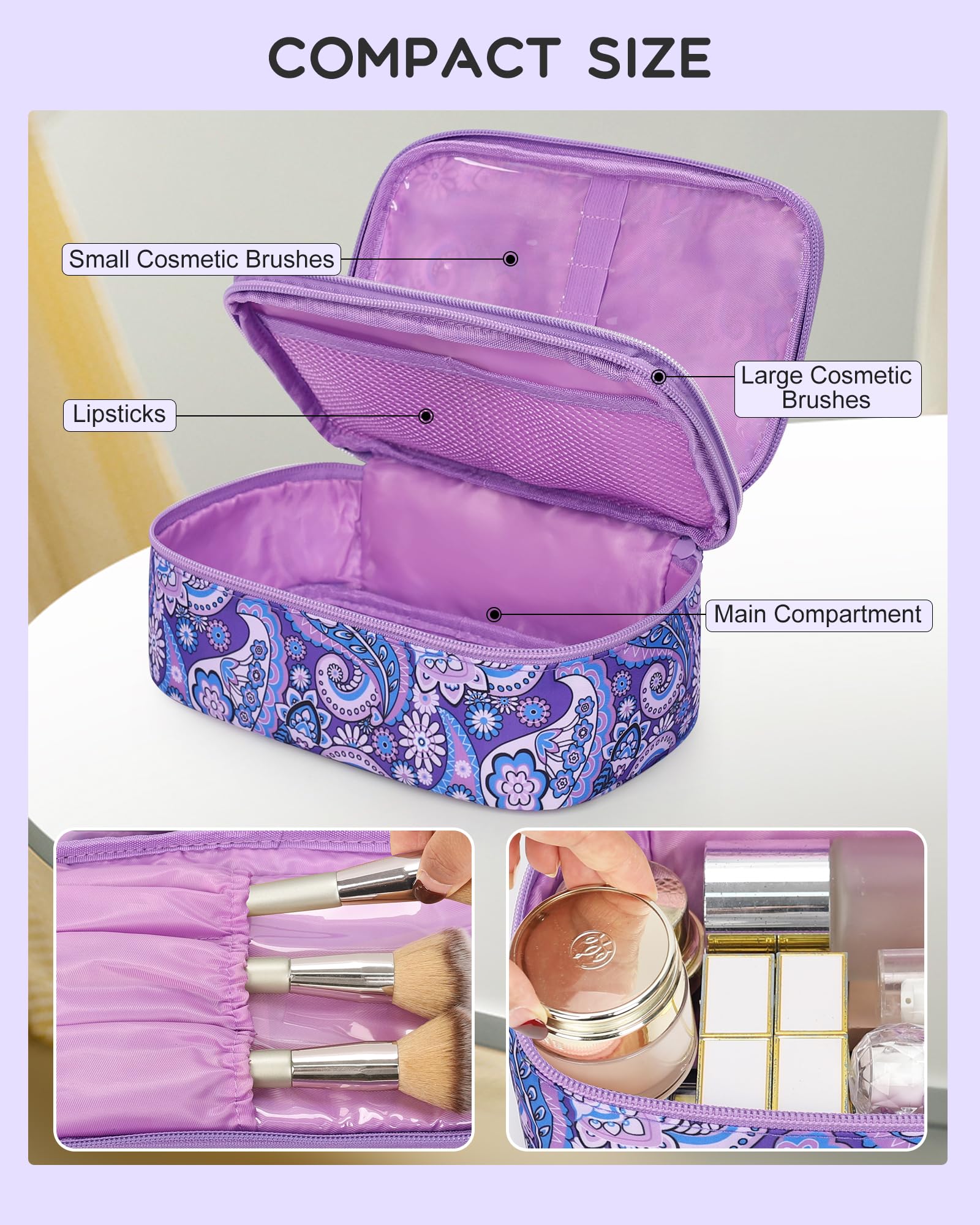Relavel travel makeup bag interior showing brush holders and elastic slots for cosmetics.