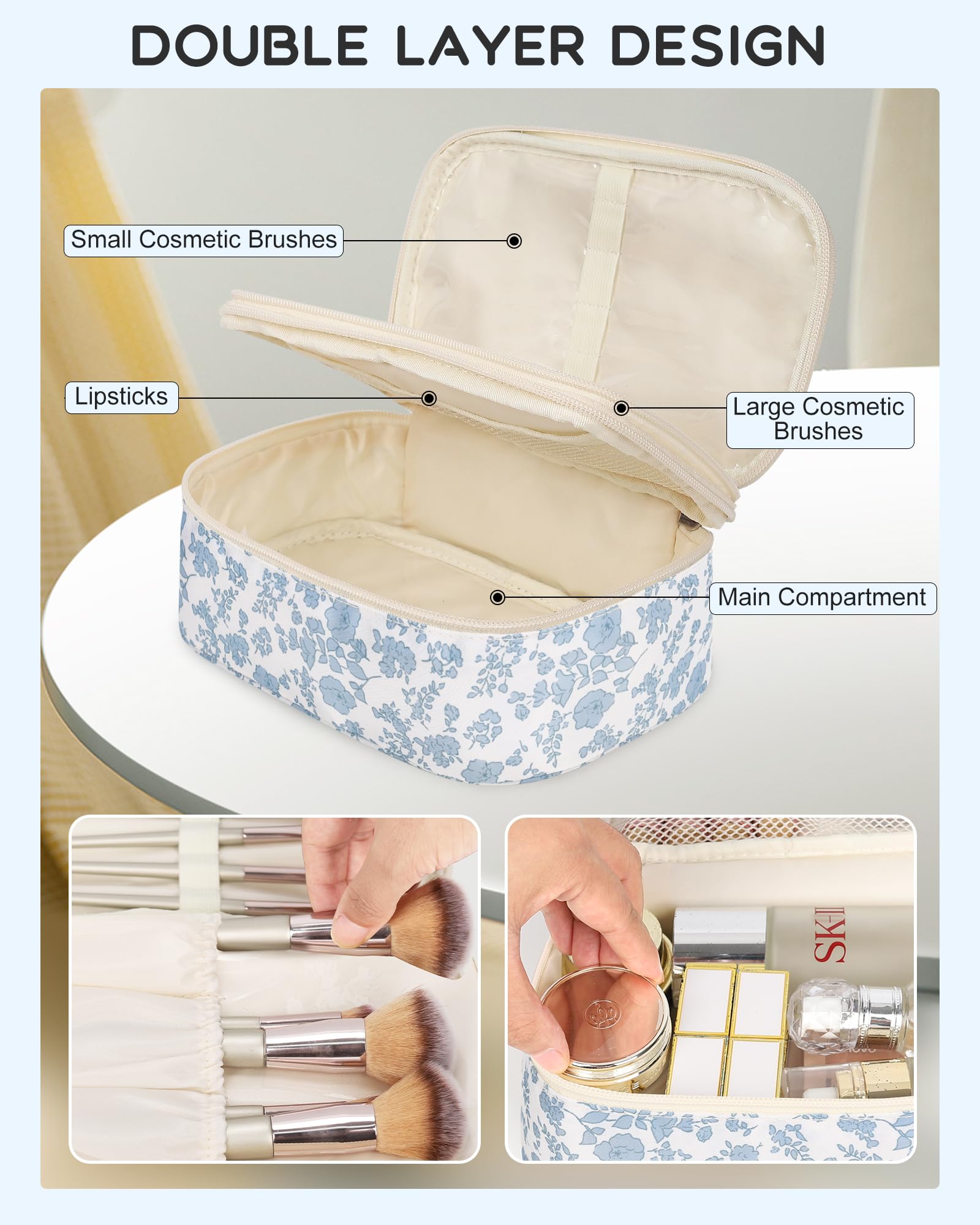 Relavel travel makeup bag with brush holders for organized on-the-go touch-ups