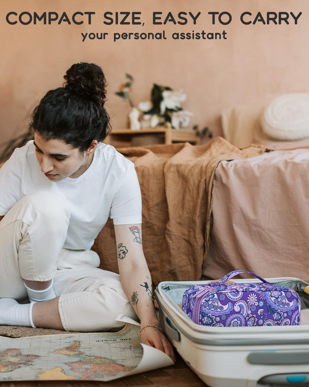 Relavel compact-sized makeup bag that fits in carry-on luggage.