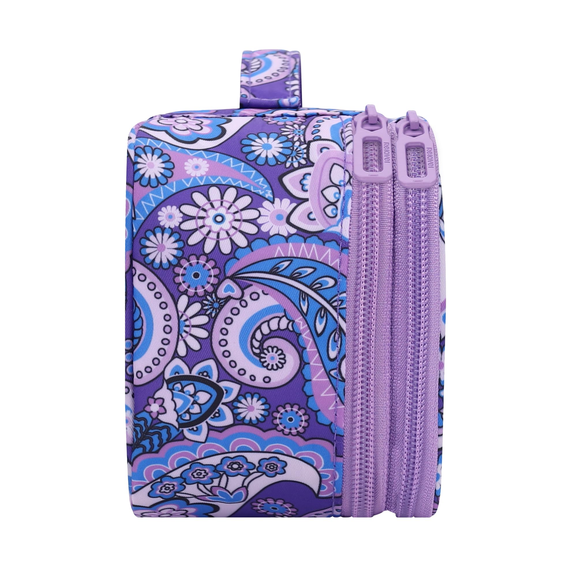 Relavel purple floral organizer used to separate cosmetics during trips.