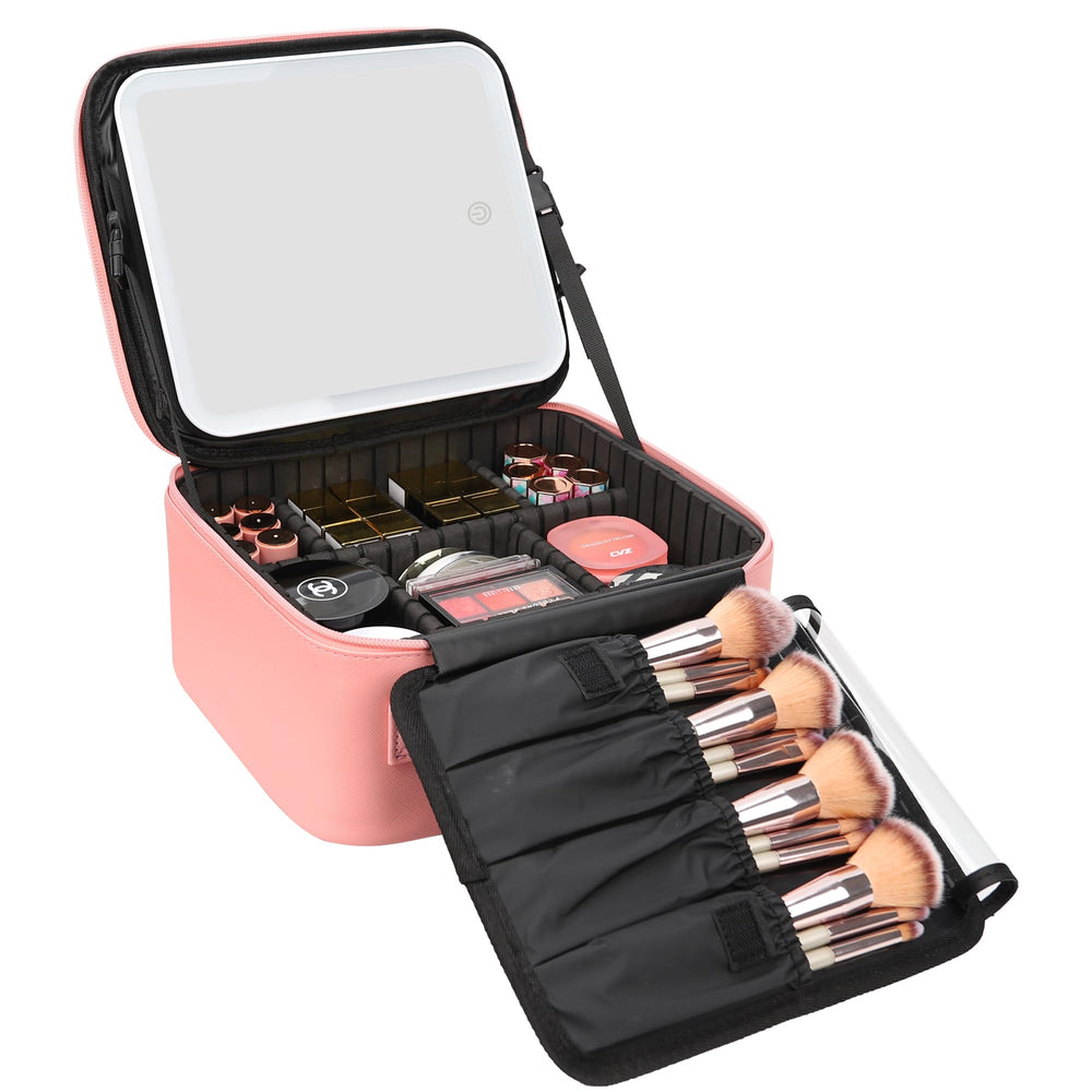 Relavel travel makeup bag with LED mirror closeup demonstrates precise lighting for on-the-go makeup.