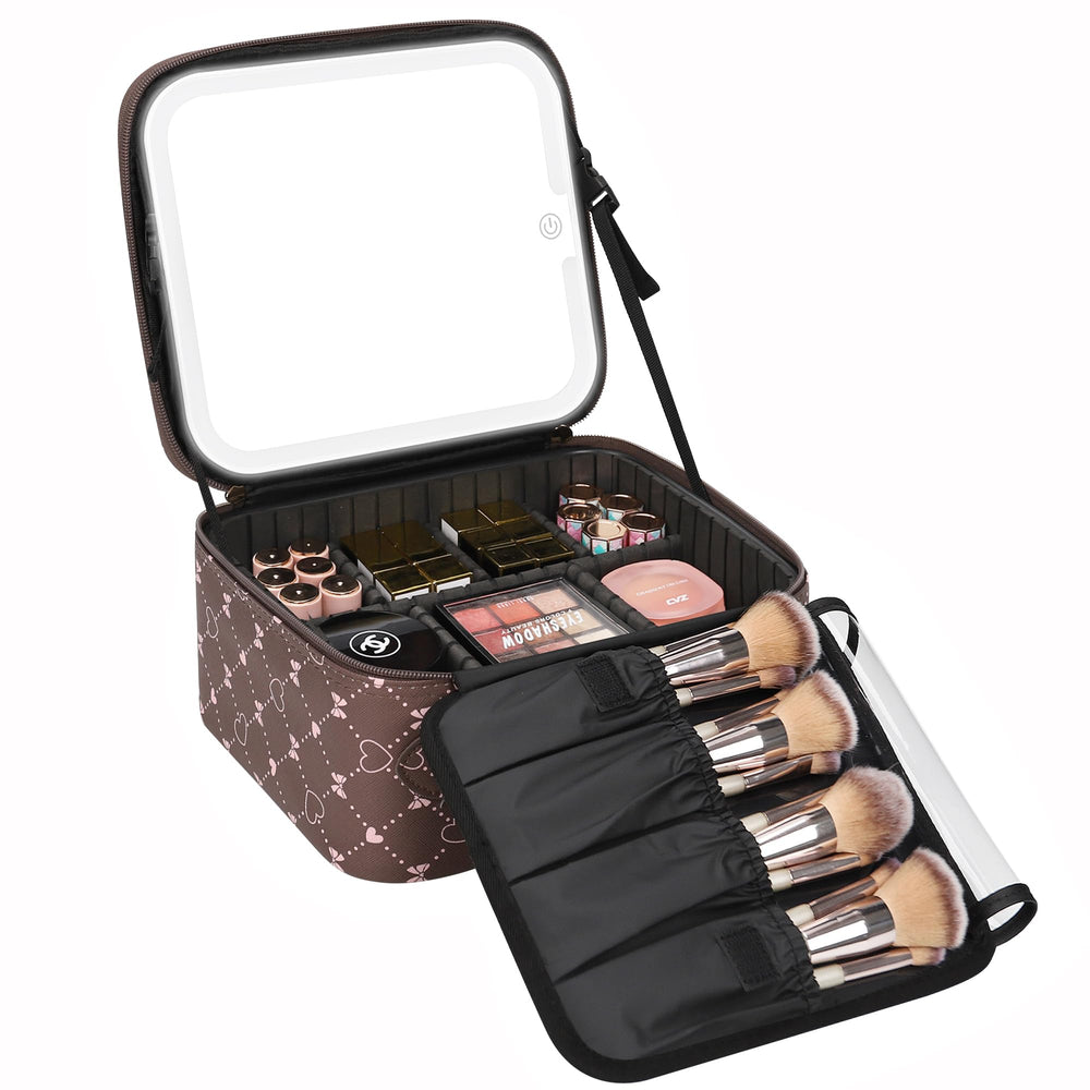 Relavel travel makeup bag with LED mirror open for easy on-the-go touch-ups.