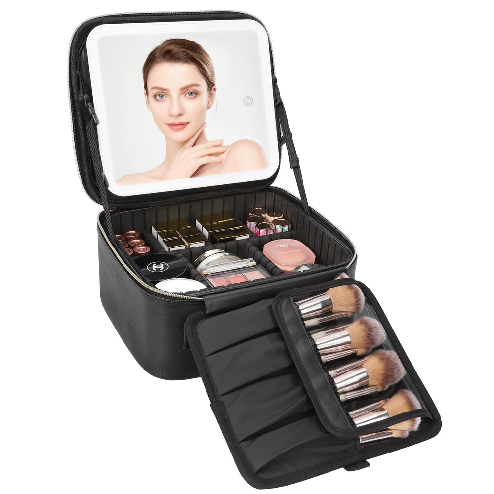 Relavel travel makeup bag with LED mirror for on-the-go touch-ups.