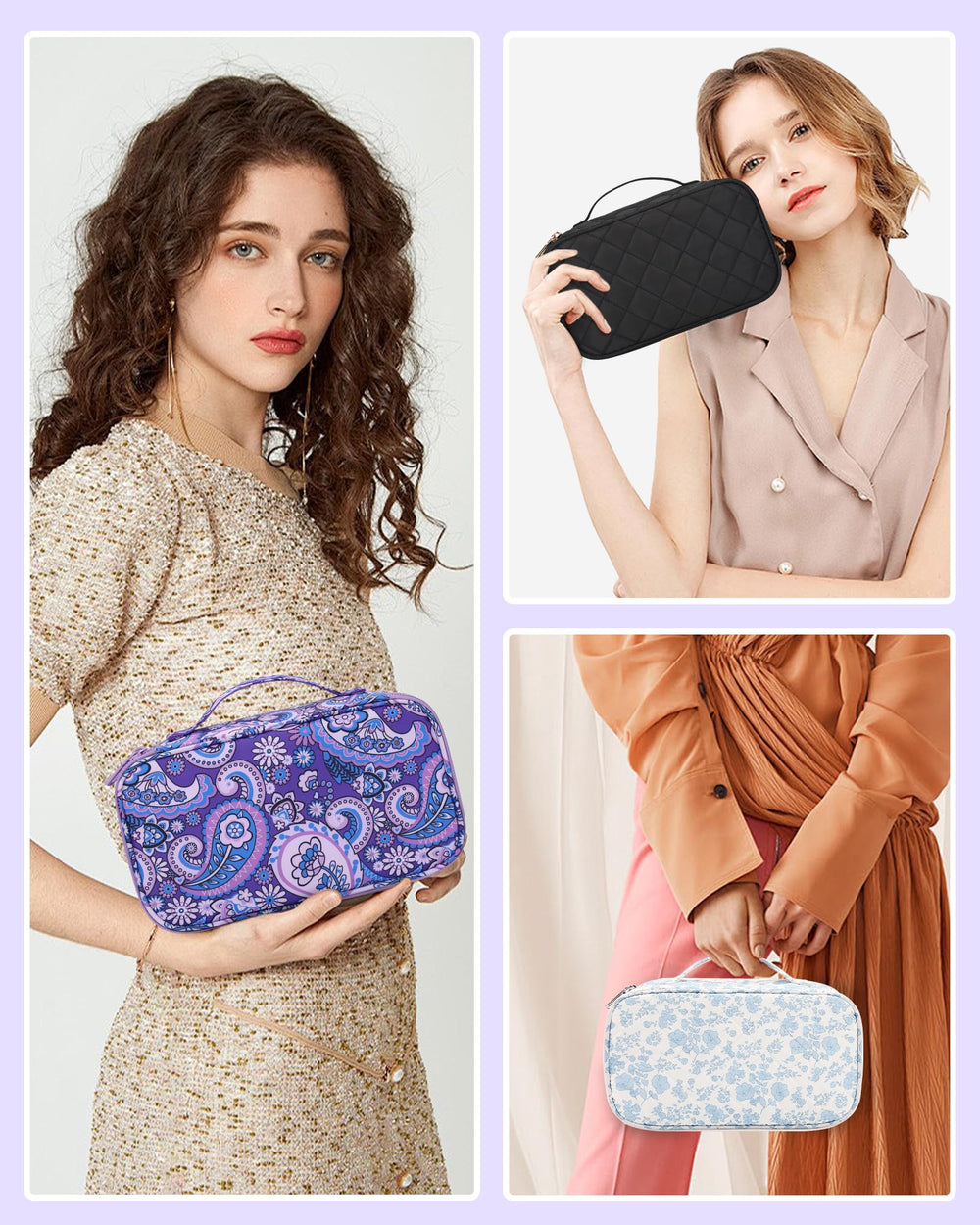Relavel purple floral bag close-up highlighting durable water-resistant nylon material.