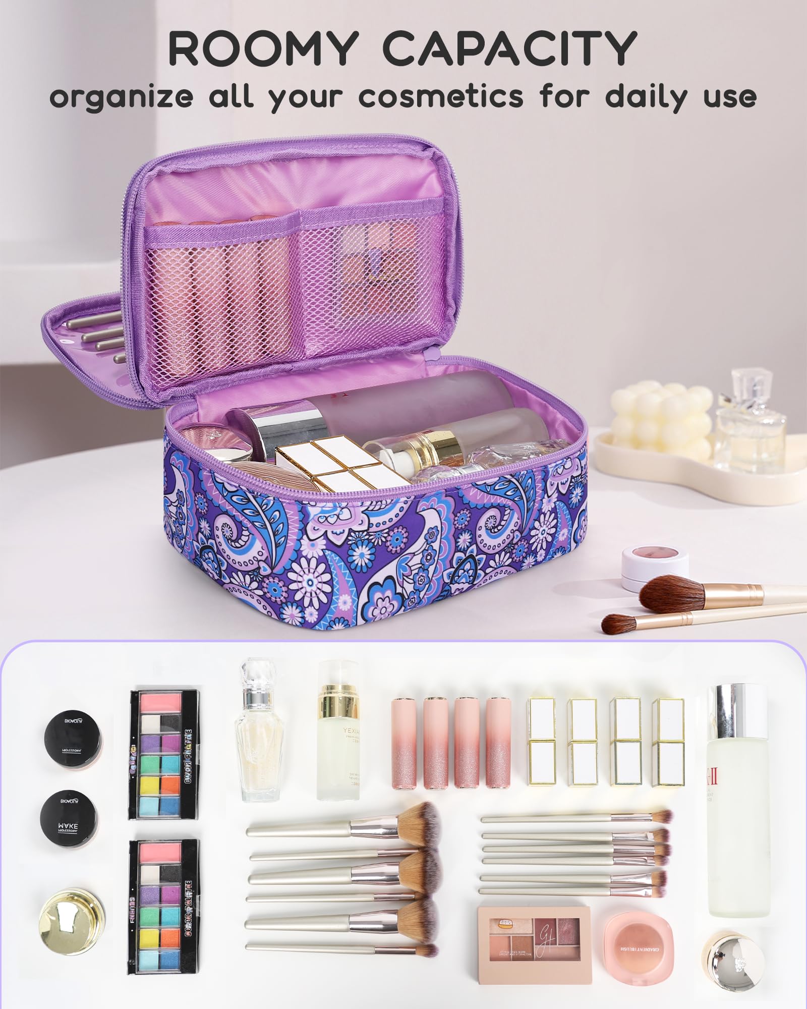 Relavel interior view with mesh pocket and elastic organizers for easy access.