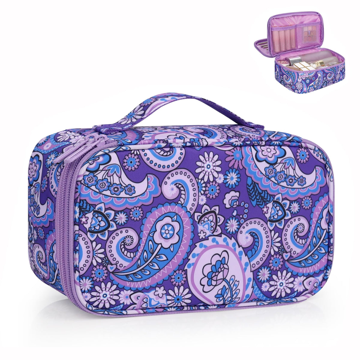 Relavel travel makeup bag front view with purple floral design for organized beauty essentials.