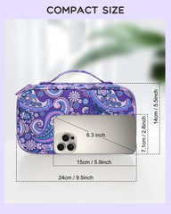 Relavel travel makeup bag opened to reveal double-layer compartments and brush slots.