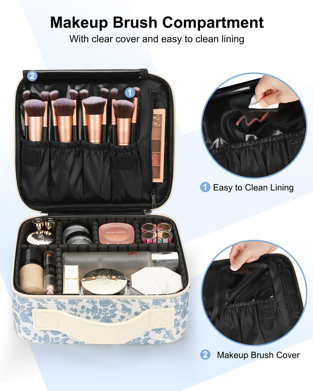 Relavel Travel Makeup Case brush compartment keeps brushes tidy