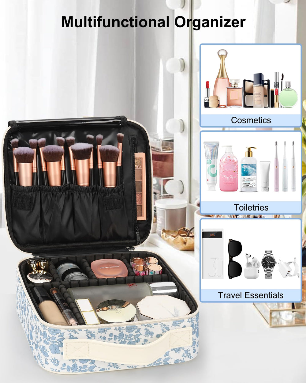 Relavel Travel Makeup Case interior organization with multiple dividers