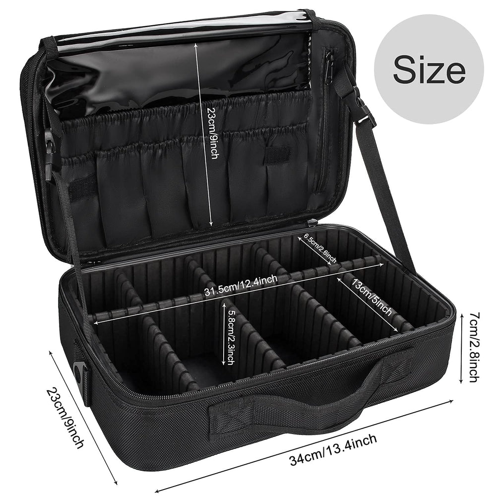 Relavel travel makeup case open compartments demonstrate adjustable dividers for precise storage.