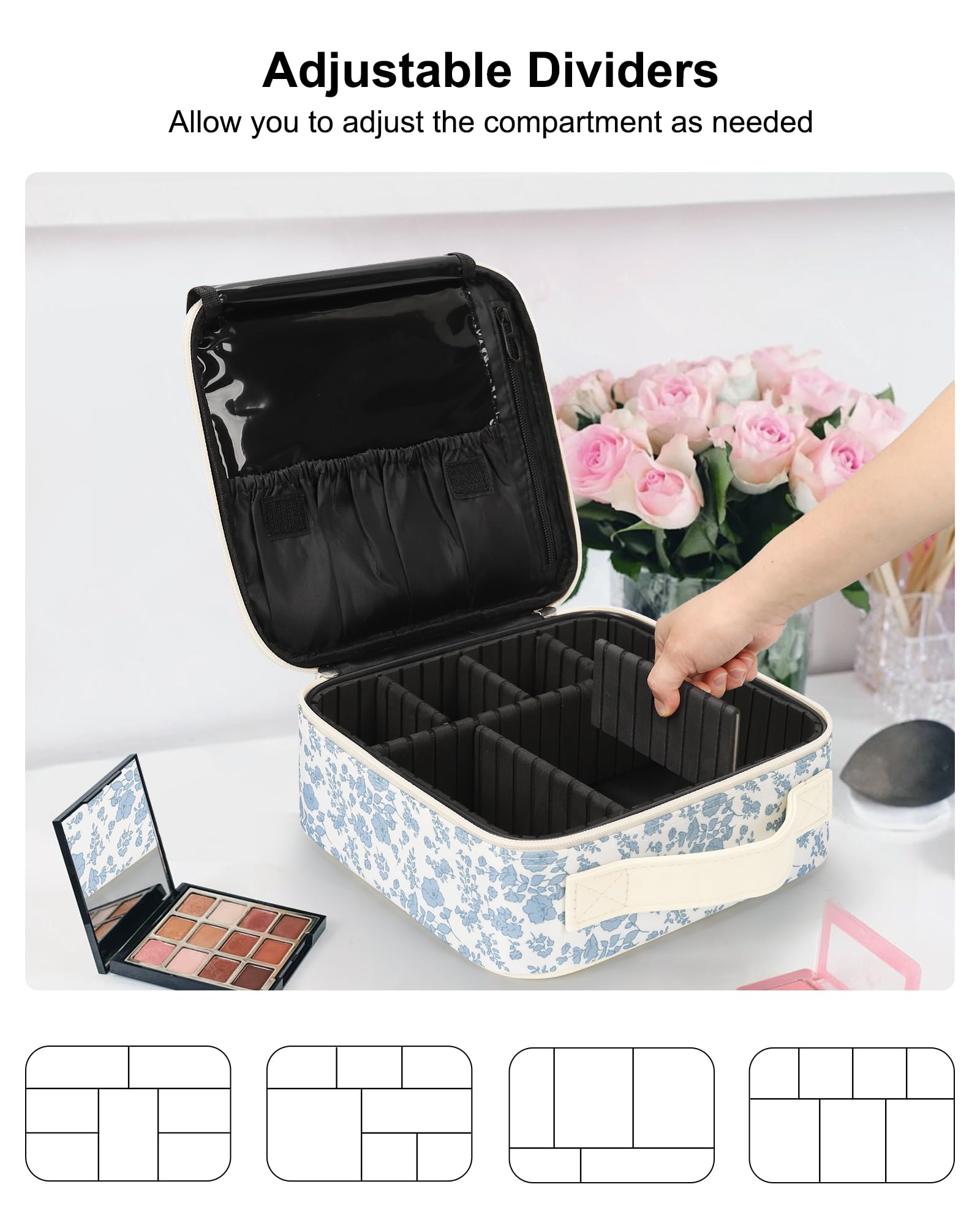 Relavel Travel Makeup Case opened division shows adjustable compartments