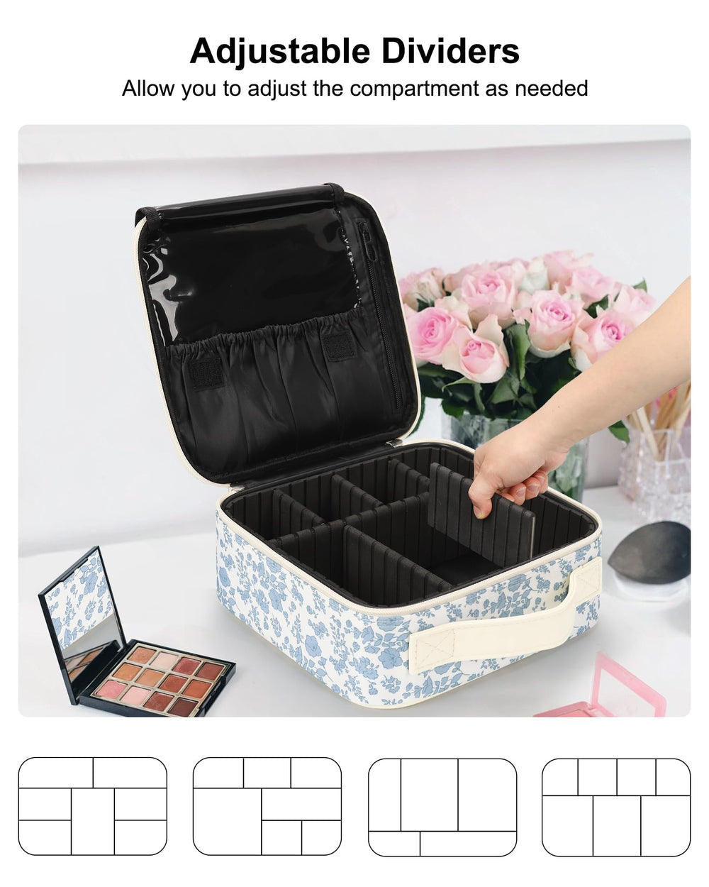 Relavel Travel Makeup Case opened division shows adjustable compartments